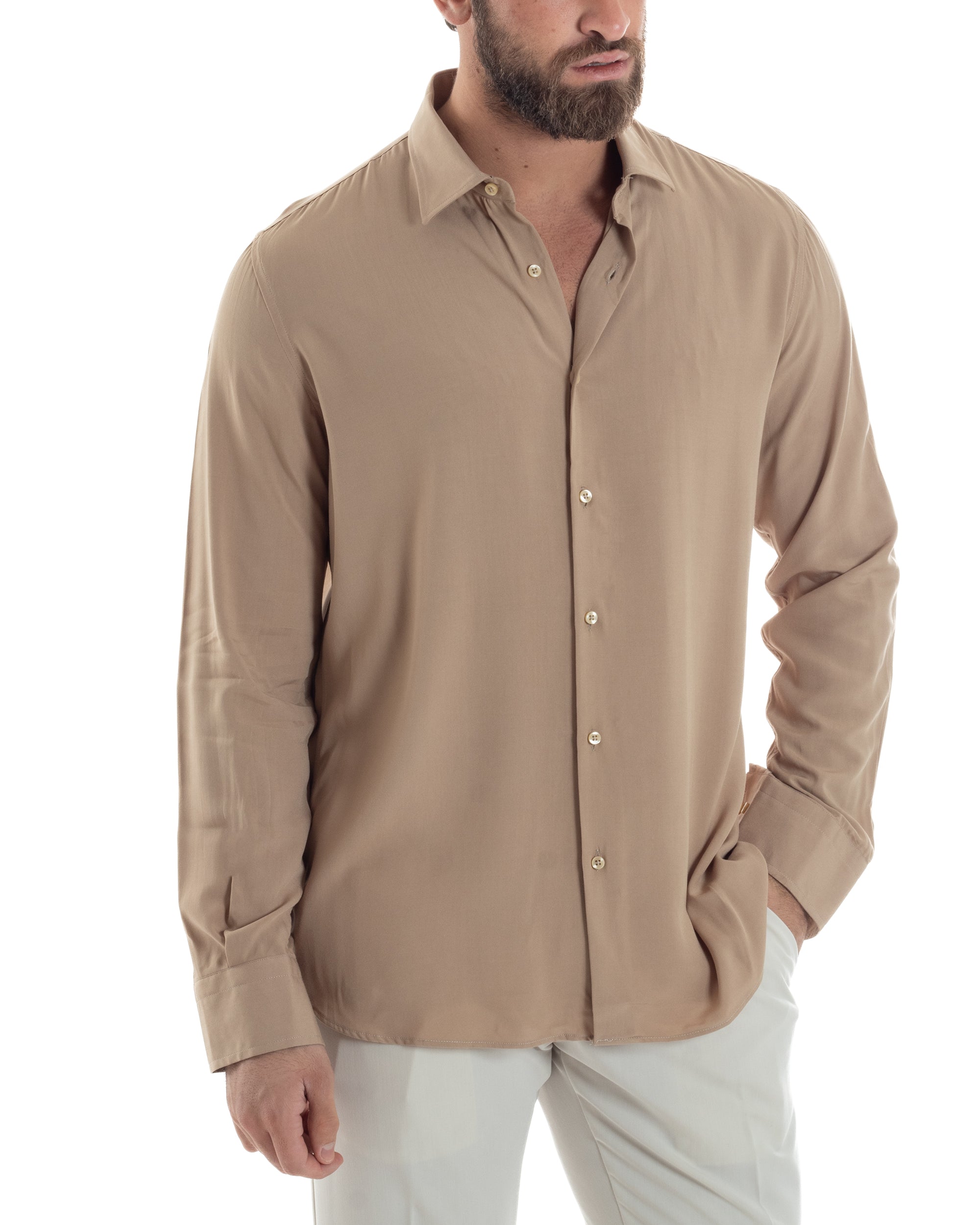 Camicia Uomo Con Colletto Morbida Viscosa Sartoriale Relaxed Fit Basic Tinta Unita Beige GIOSAL-C2925A