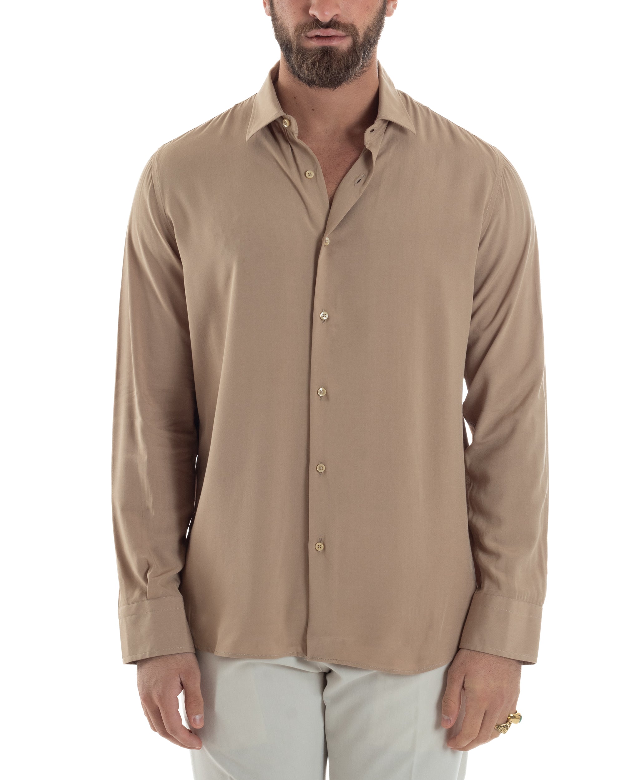 Camicia Uomo Con Colletto Morbida Viscosa Sartoriale Relaxed Fit Basic Tinta Unita Beige GIOSAL-C2925A