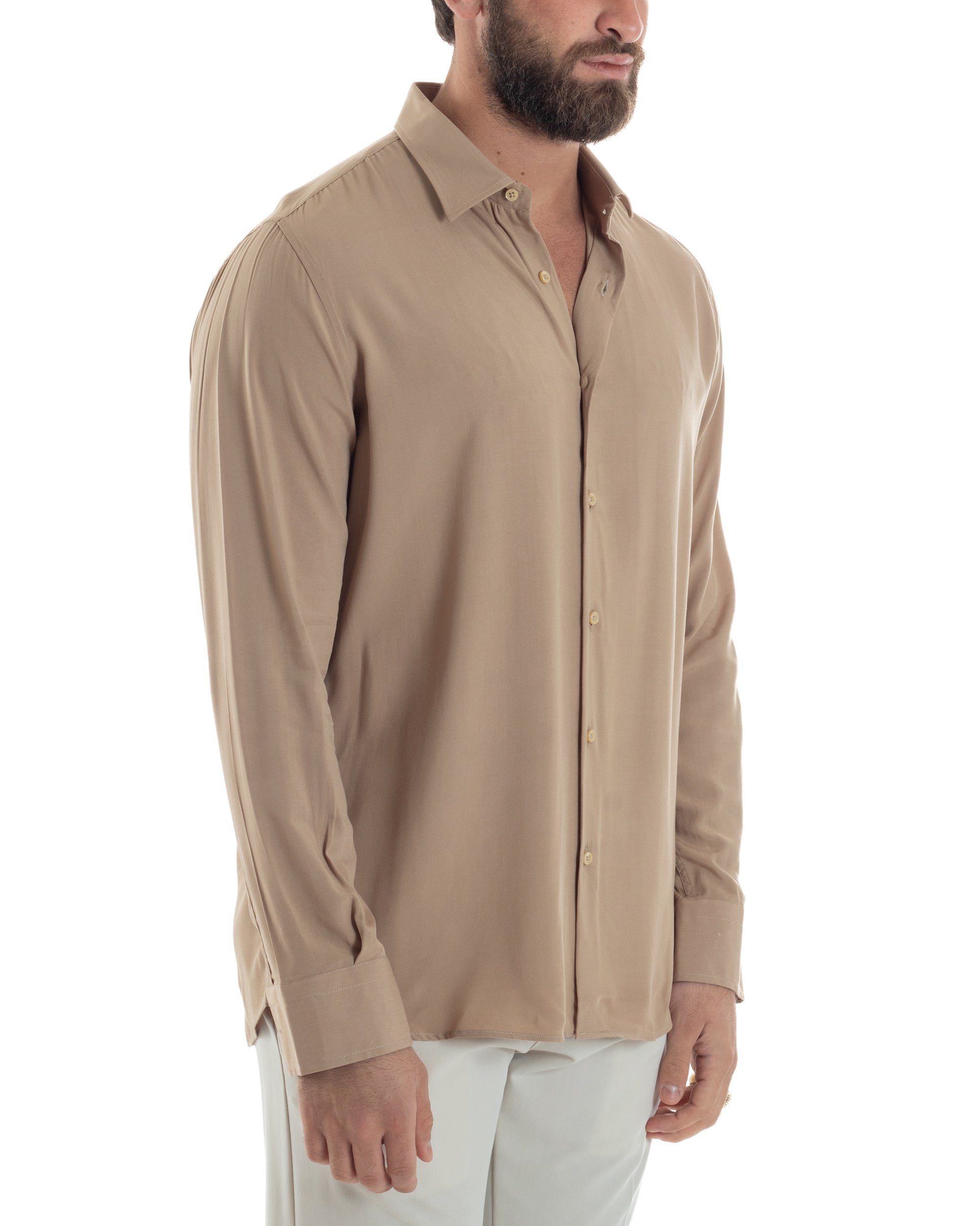 Herrenhemd aus weicher Viskose mit französischem Kragen, bequeme Passform, Beige C2925A