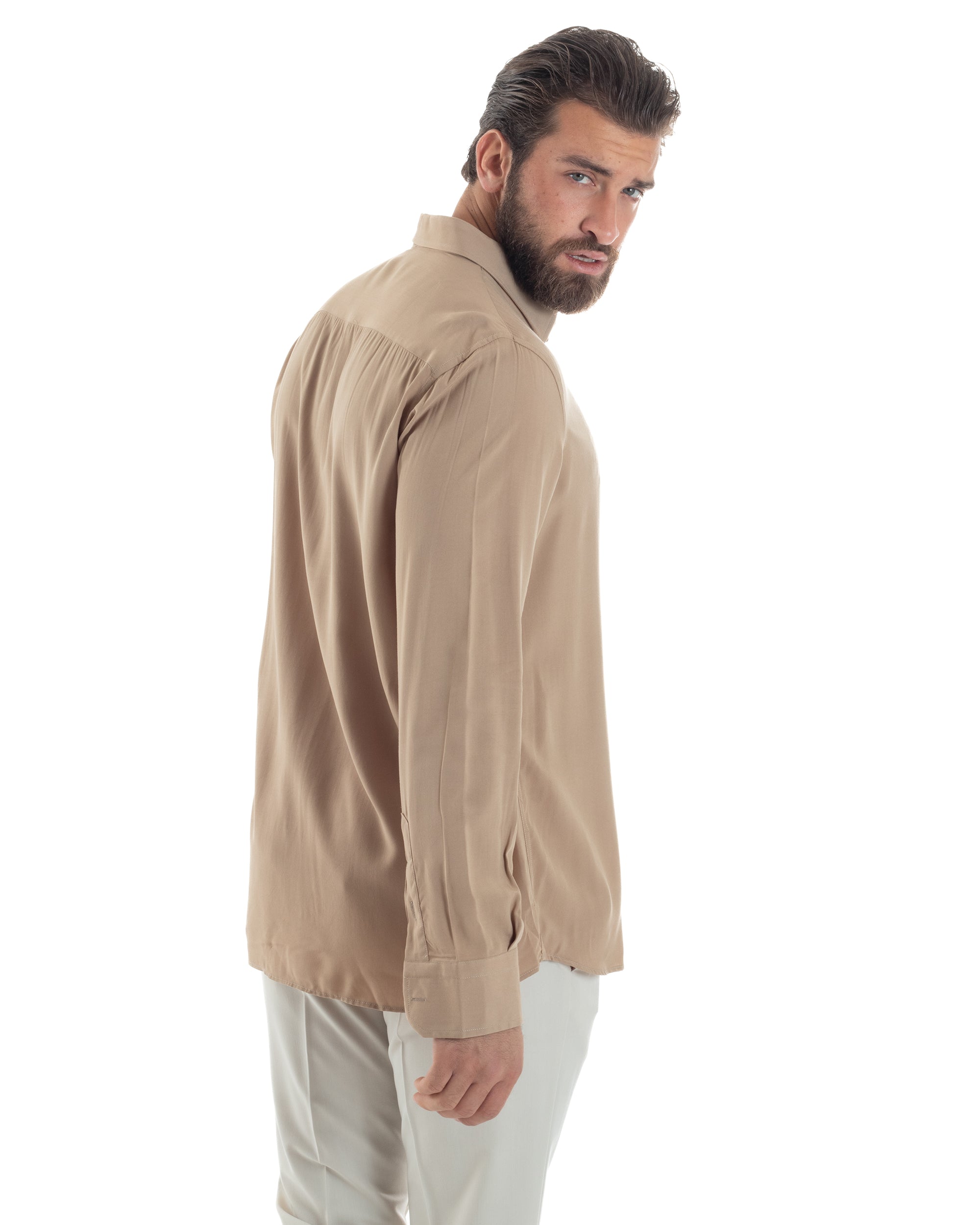 Camicia Uomo Con Colletto Morbida Viscosa Sartoriale Relaxed Fit Basic Tinta Unita Beige GIOSAL-C2925A