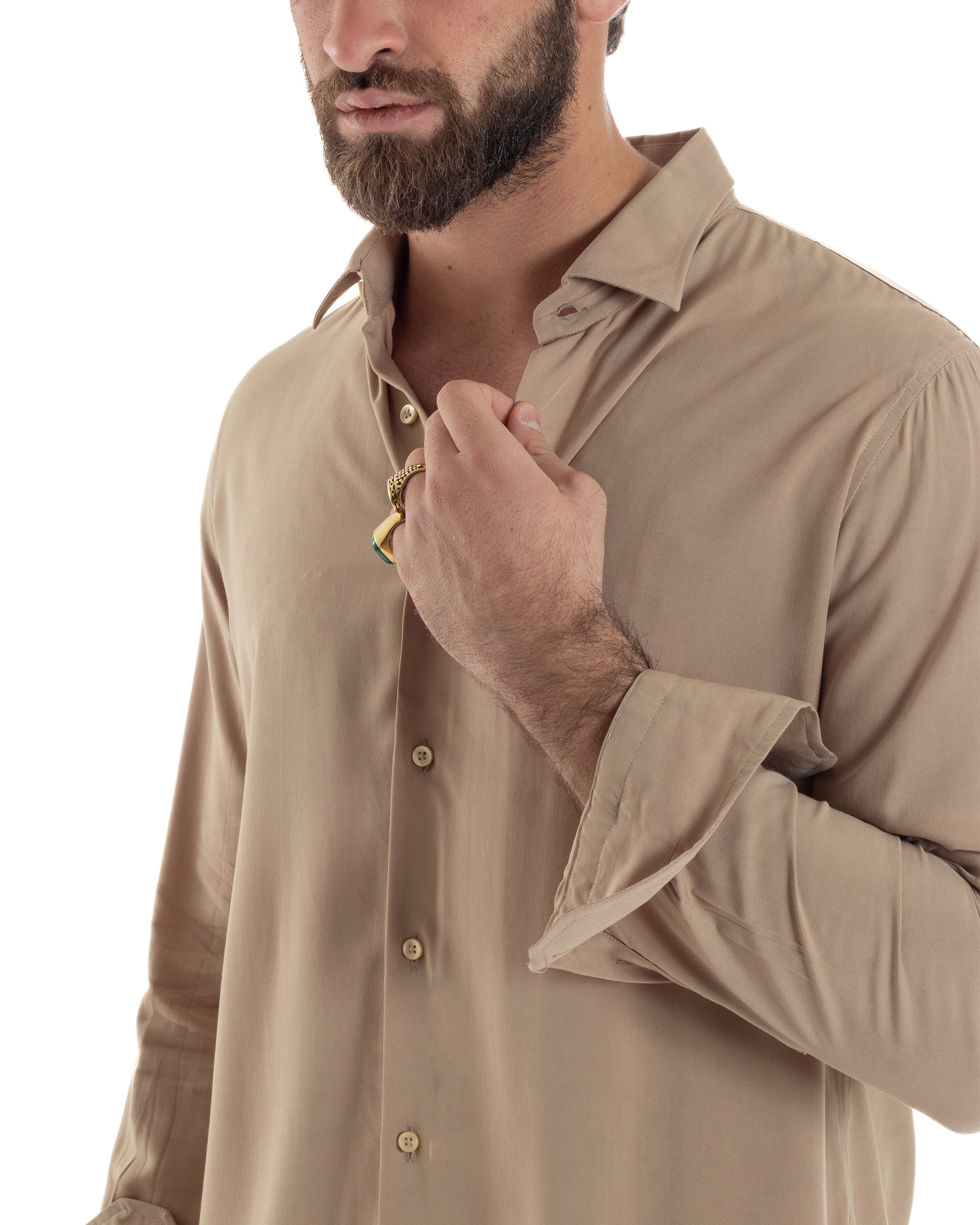 Camicia Uomo Con Colletto Morbida Viscosa Sartoriale Relaxed Fit Basic Tinta Unita Beige GIOSAL-C2925A