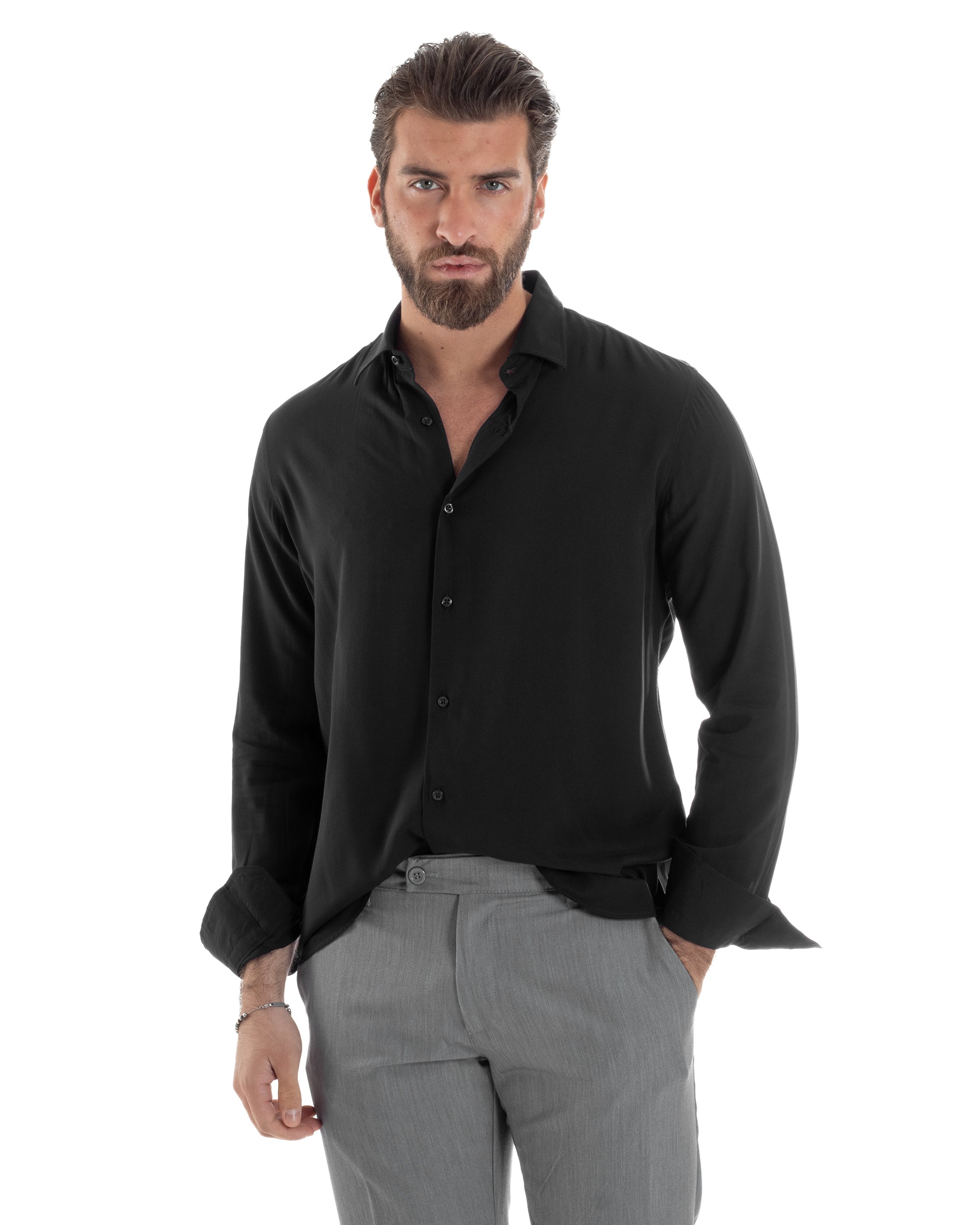Camicia Uomo Con Colletto Morbida Viscosa Sartoriale Relaxed Fit Basic Tinta Unita Nero GIOSAL-C2926A