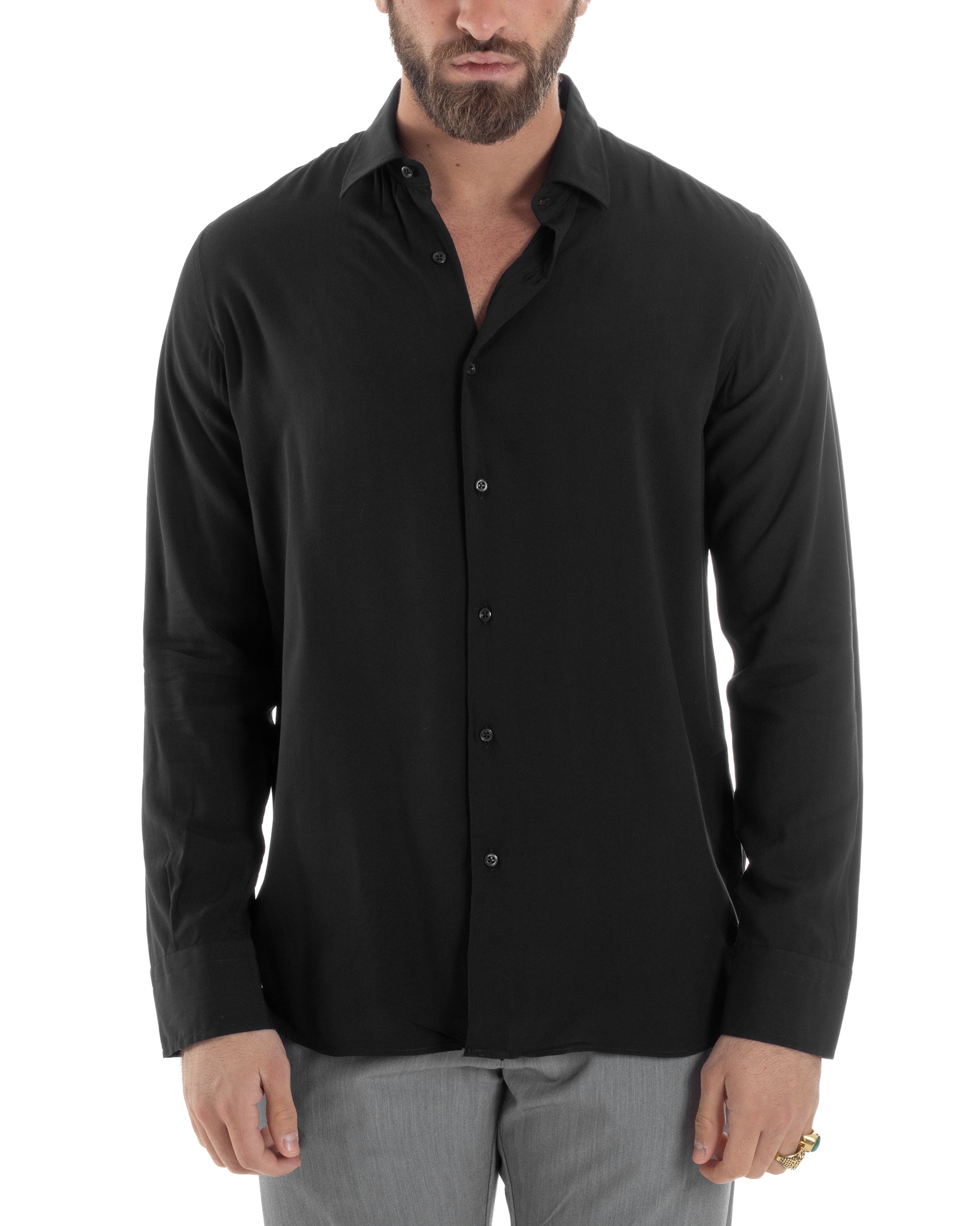 Camicia Uomo Con Colletto Morbida Viscosa Sartoriale Relaxed Fit Basic Tinta Unita Nero GIOSAL-C2926A