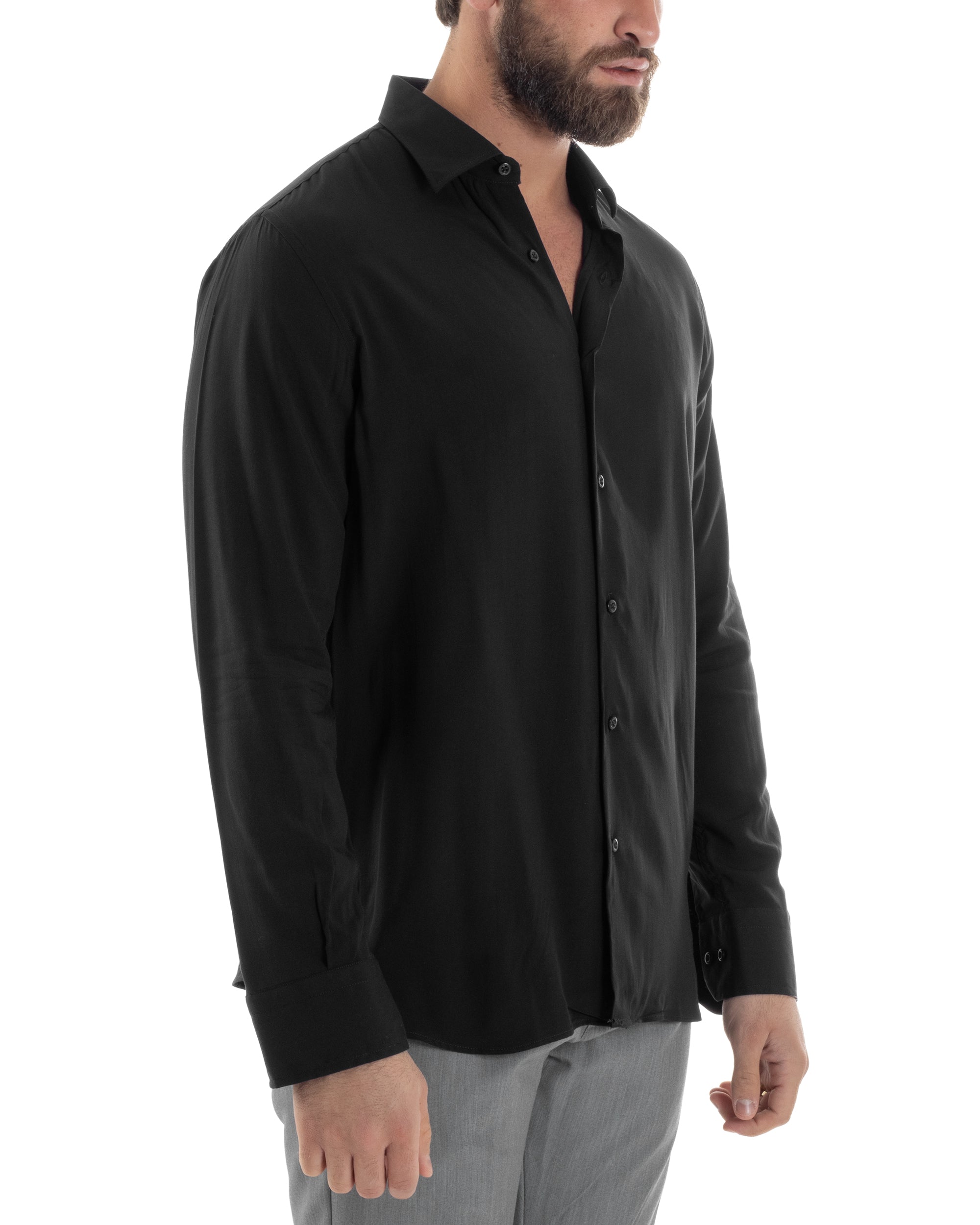 Camicia Uomo Con Colletto Morbida Viscosa Sartoriale Relaxed Fit Basic Tinta Unita Nero GIOSAL-C2926A
