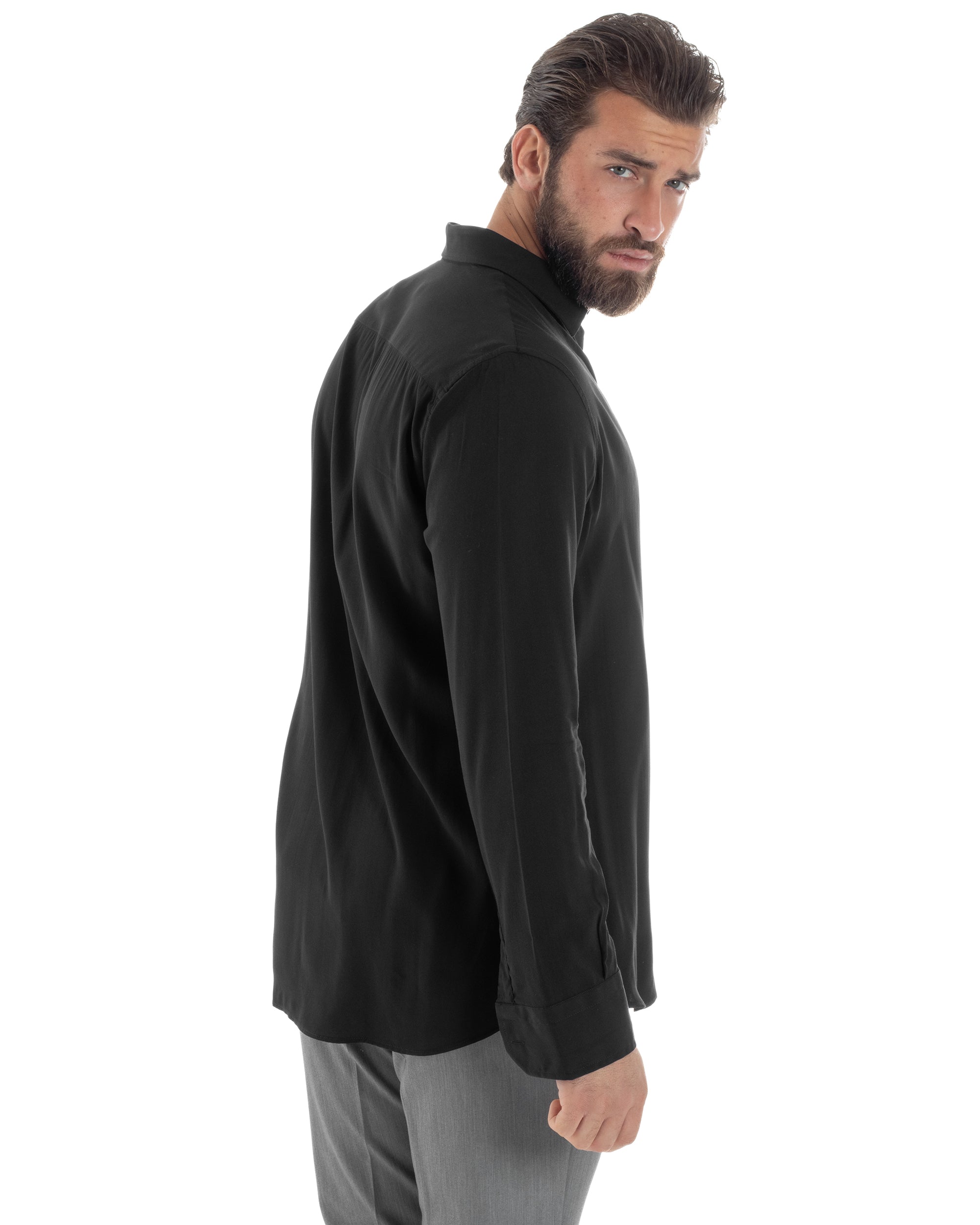 Camicia Uomo Con Colletto Morbida Viscosa Sartoriale Relaxed Fit Basic Tinta Unita Nero GIOSAL-C2926A