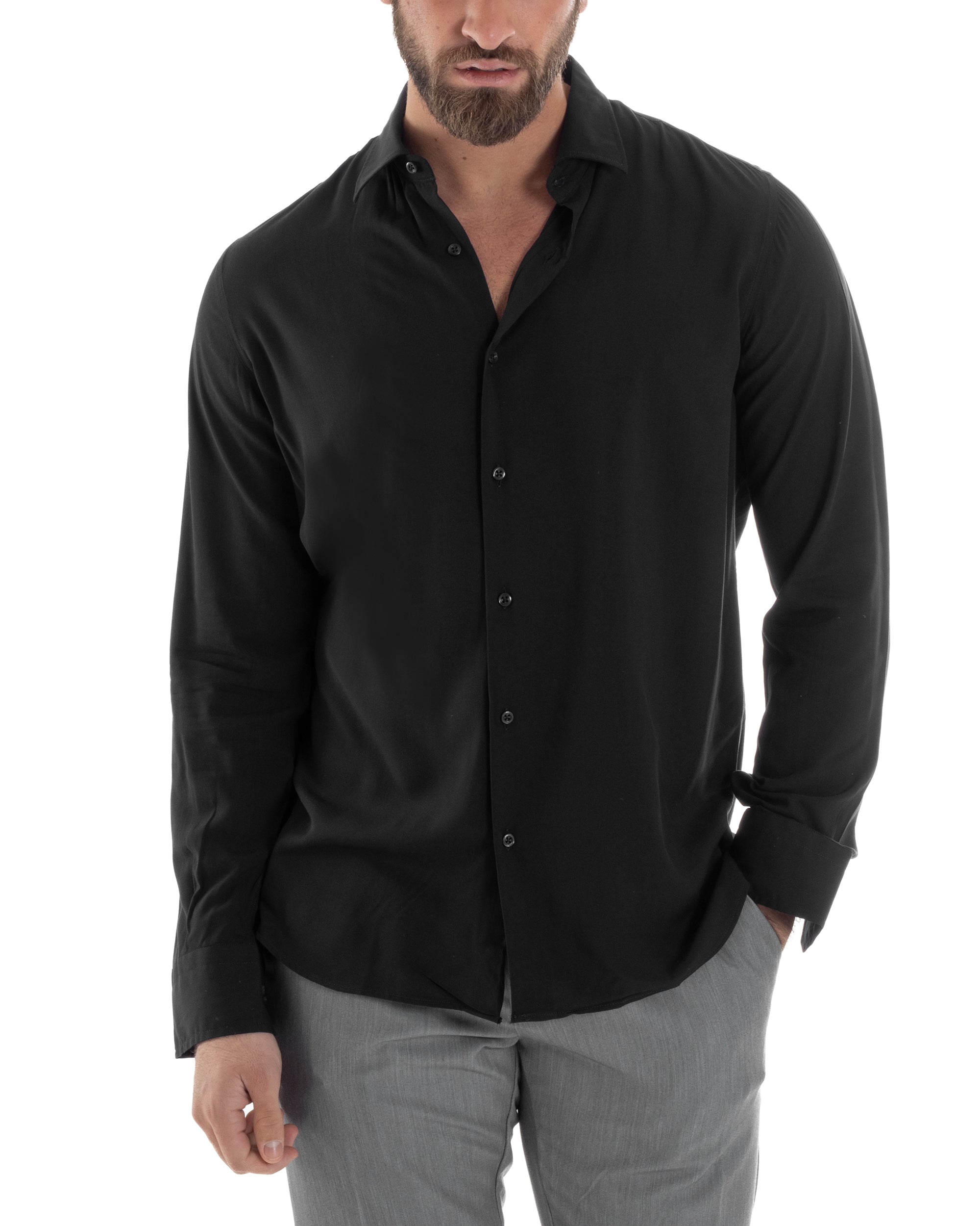 Camicia Uomo Con Colletto Morbida Viscosa Sartoriale Relaxed Fit Basic Tinta Unita Nero GIOSAL-C2926A