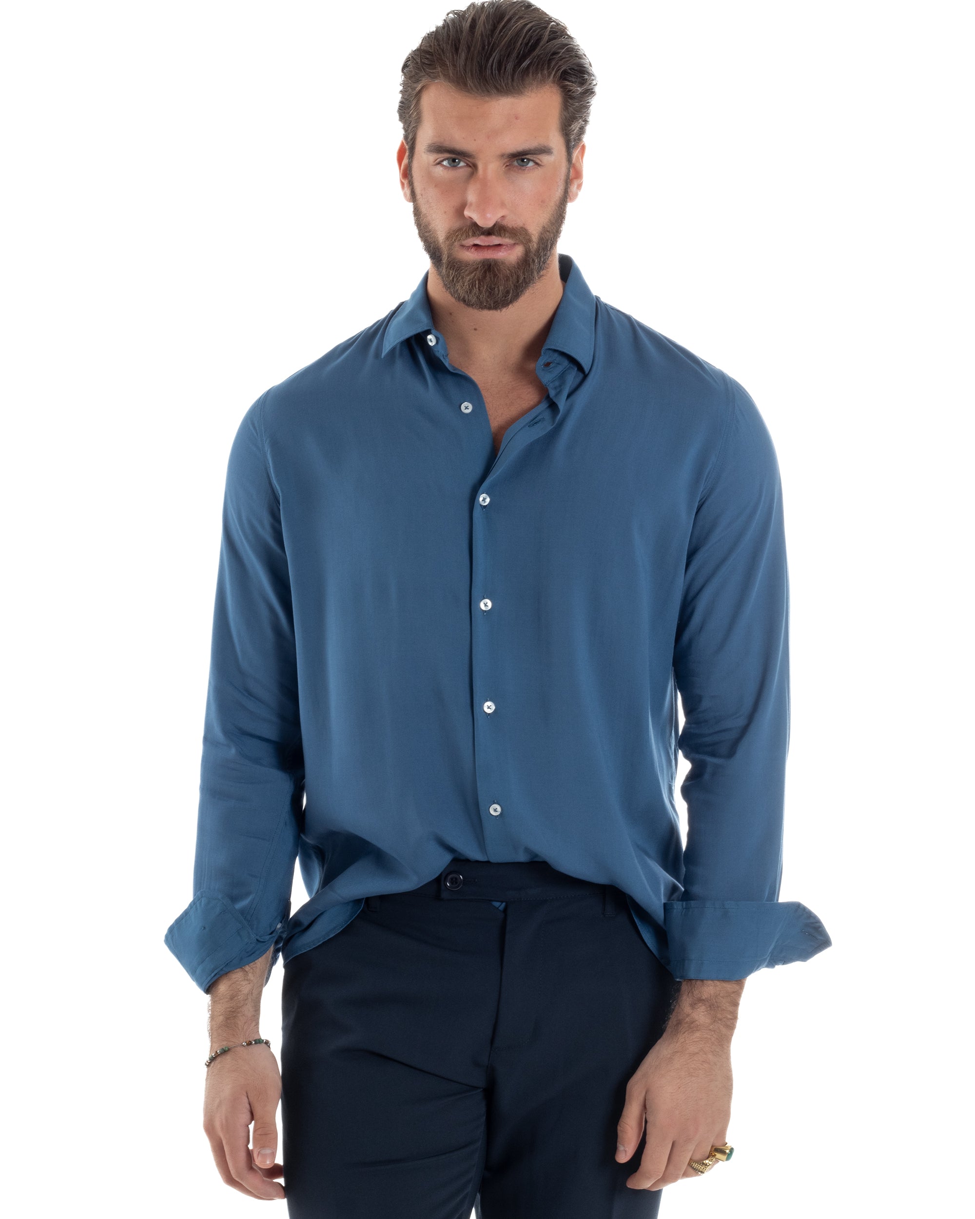 Camicia Uomo Con Colletto Morbida Viscosa Sartoriale Relaxed Fit Basic Tinta Unita Ottanio GIOSAL-C2927A