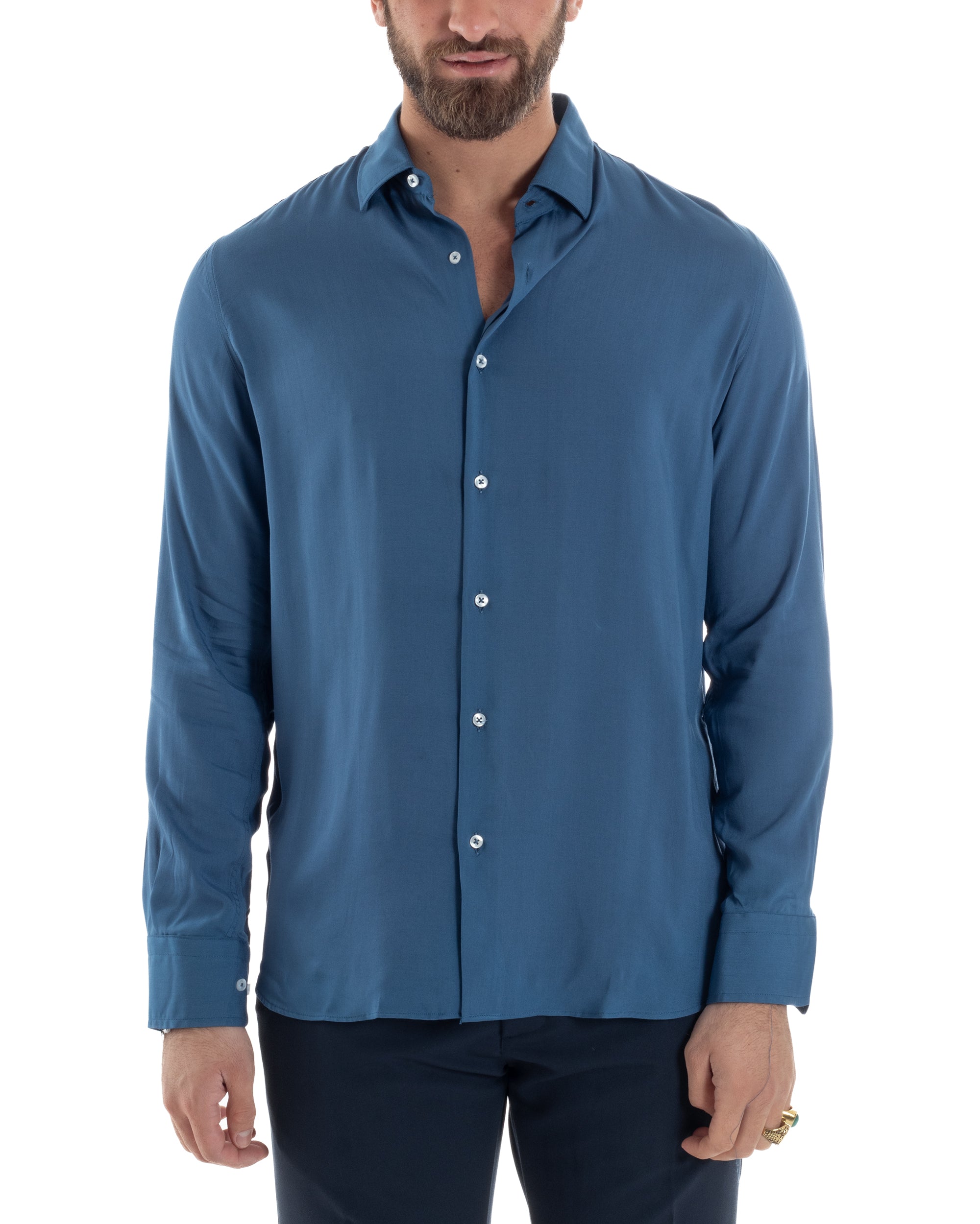 Camicia Uomo Con Colletto Morbida Viscosa Sartoriale Relaxed Fit Basic Tinta Unita Ottanio GIOSAL-C2927A