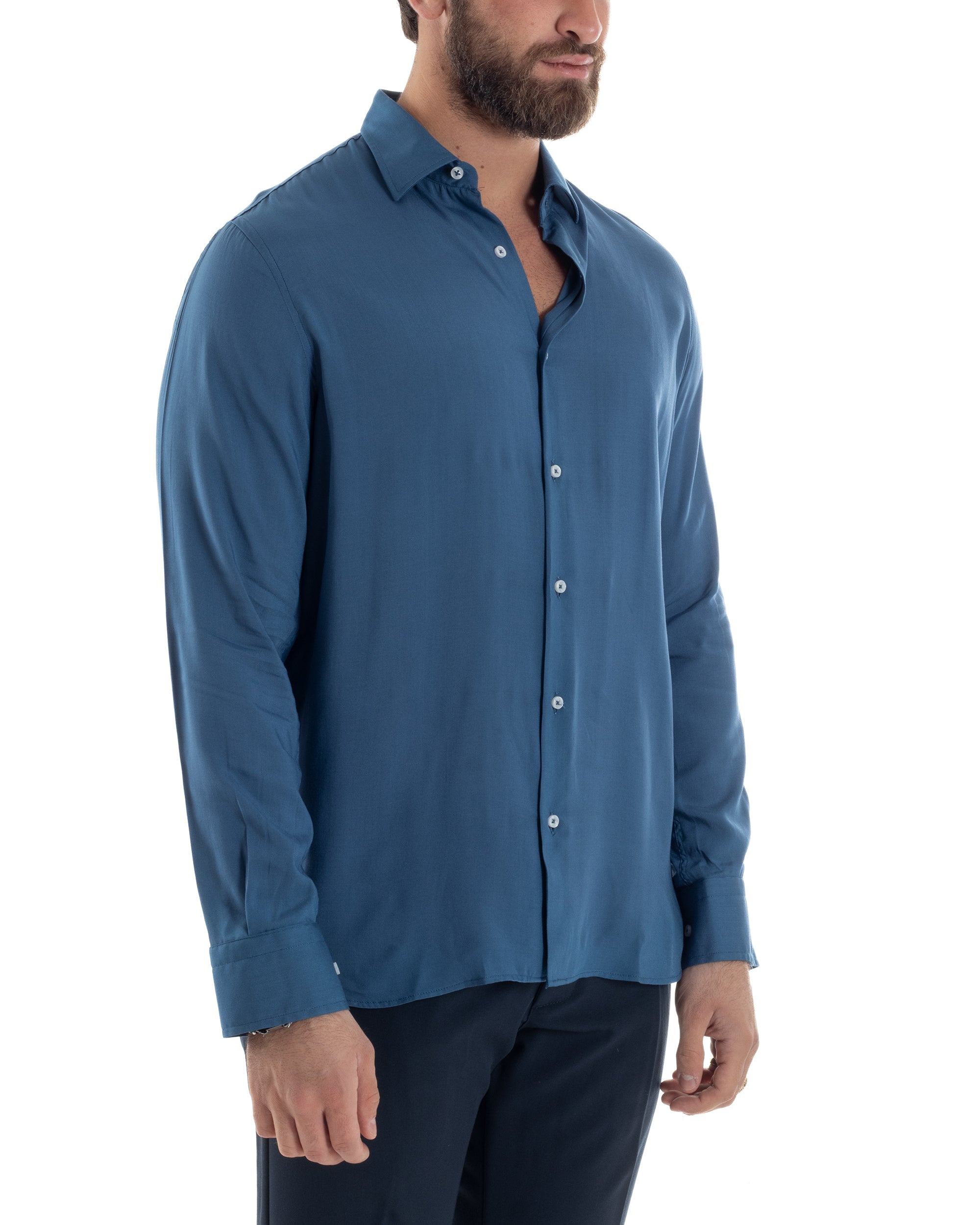 Camicia Uomo Con Colletto Morbida Viscosa Sartoriale Relaxed Fit Basic Tinta Unita Ottanio GIOSAL-C2927A