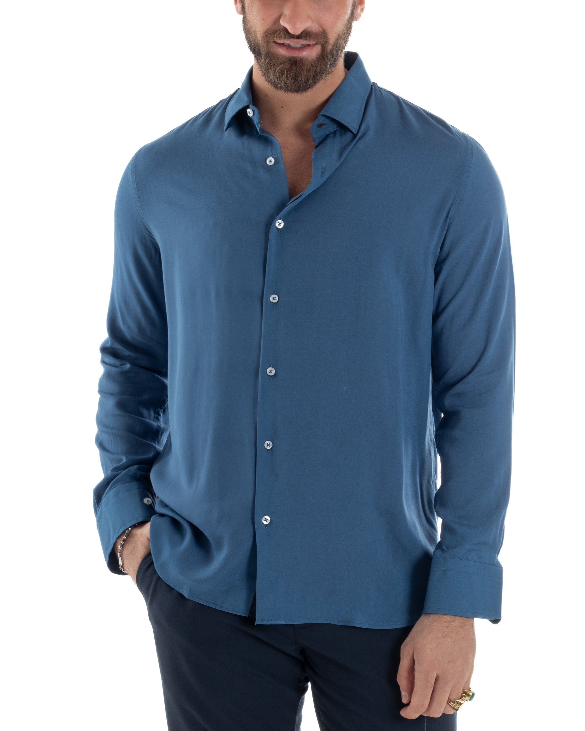 Camicia Uomo Con Colletto Morbida Viscosa Sartoriale Relaxed Fit Basic Tinta Unita Ottanio GIOSAL-C2927A