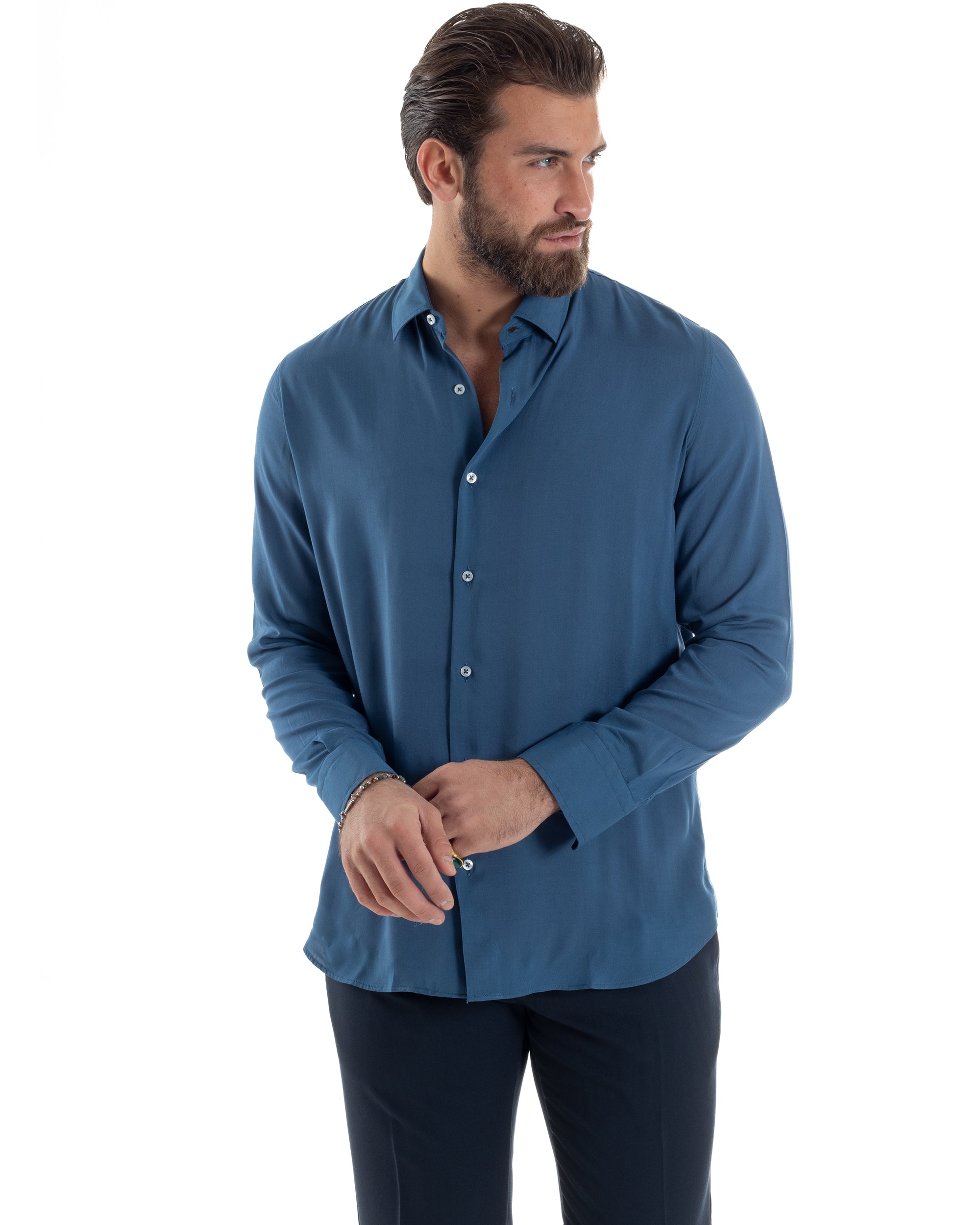 Camicia Uomo Con Colletto Morbida Viscosa Sartoriale Relaxed Fit Basic Tinta Unita Ottanio GIOSAL-C2927A