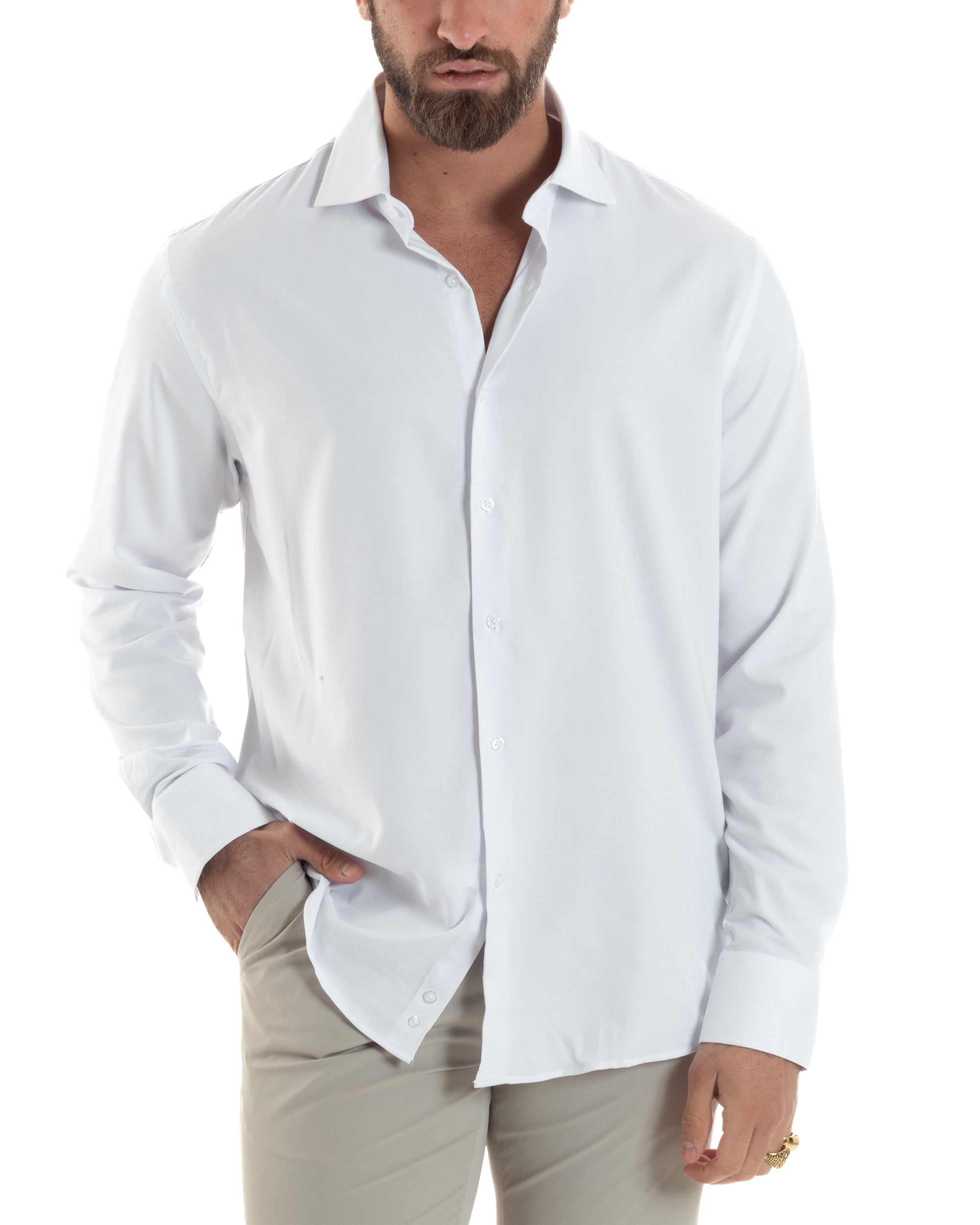 Camicia Uomo Antimacchia Con Colletto Regular Fit Sartoriale Morbida Quick Clean Cotone E Bamboo Bianco GIOSAL-C2928A