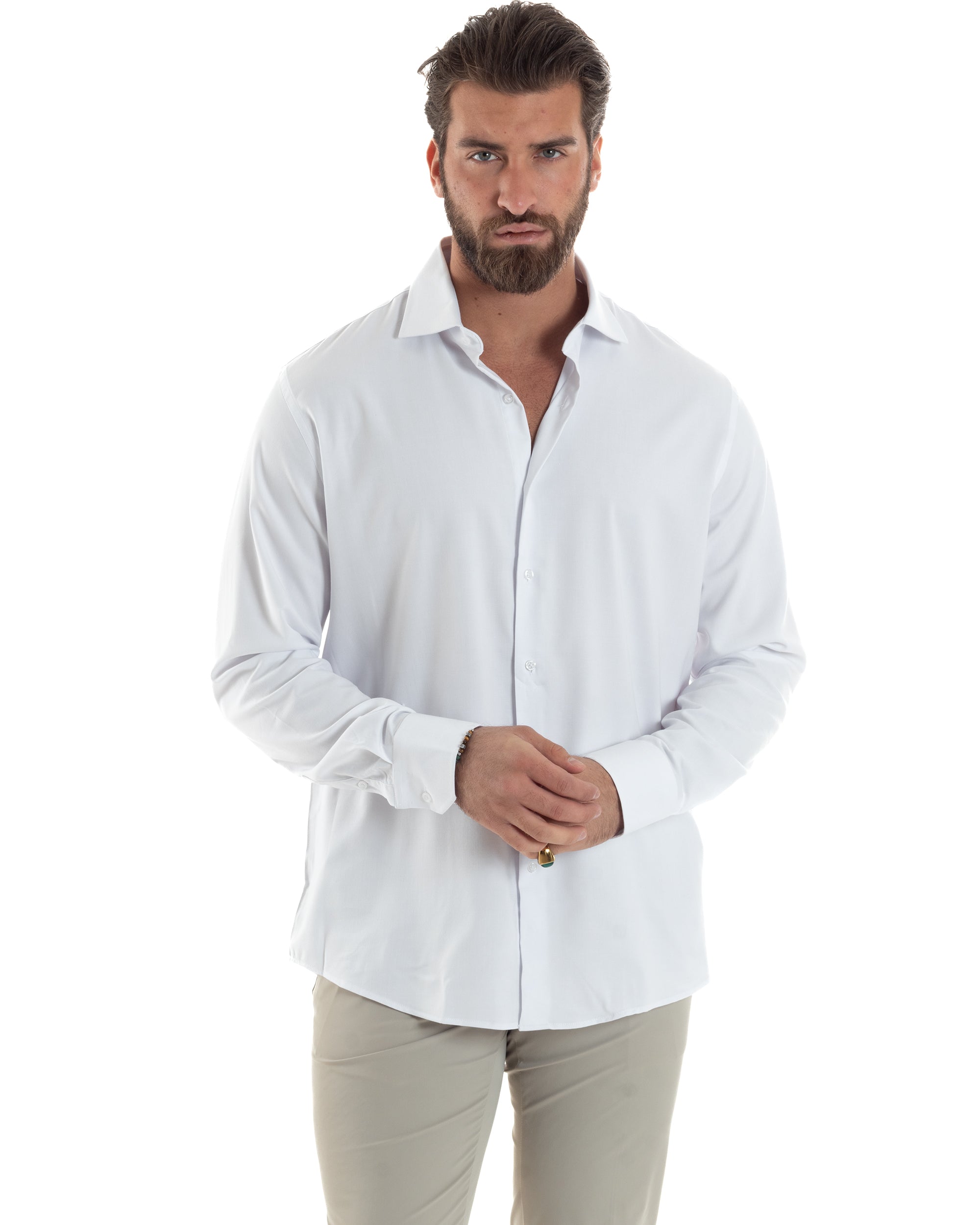 Camicia Uomo Antimacchia Con Colletto Regular Fit Sartoriale Morbida Quick Clean Cotone E Bamboo Bianco GIOSAL-C2928A