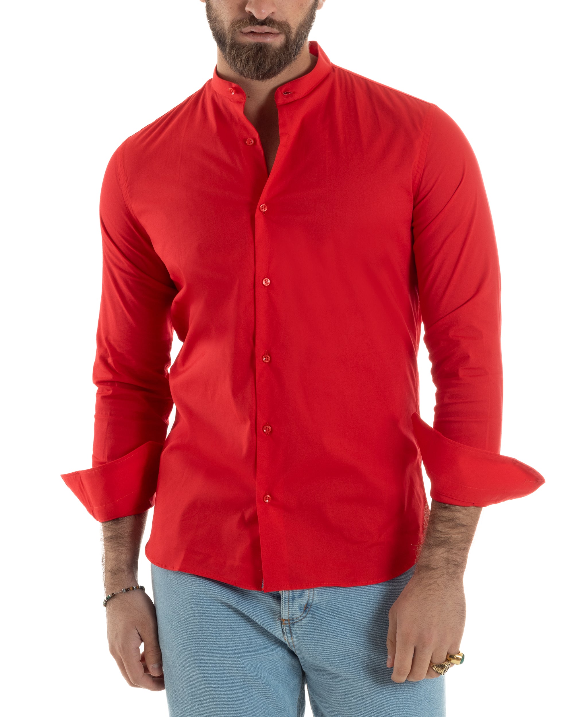 Camicia Uomo Collo Coreano Cotone Basic Sartoriale Slim Fit Tinta Unita Rosso GIOSAL-C2929A