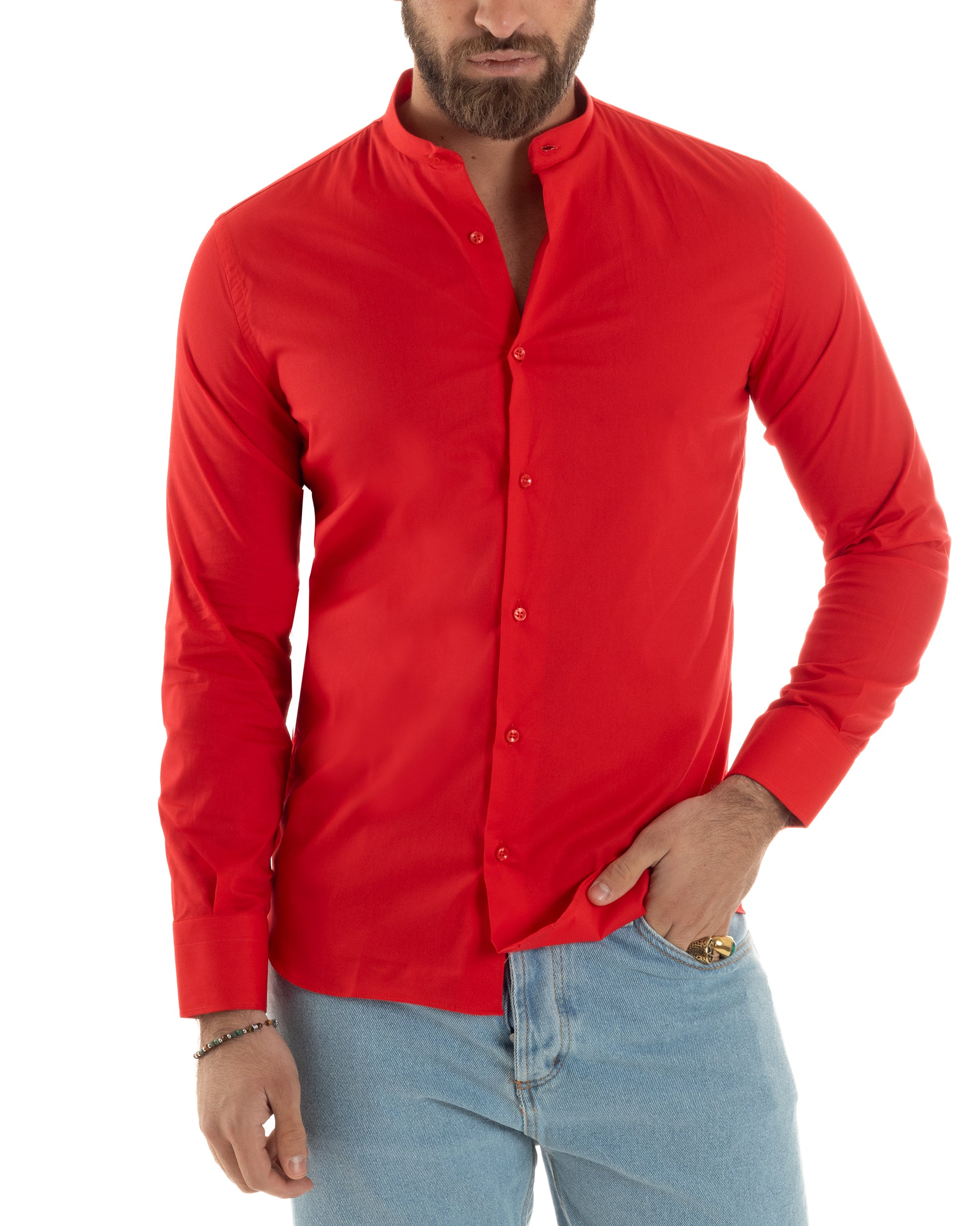 Camicia Uomo Collo Coreano Cotone Basic Sartoriale Slim Fit Tinta Unita Rosso GIOSAL-C2929A