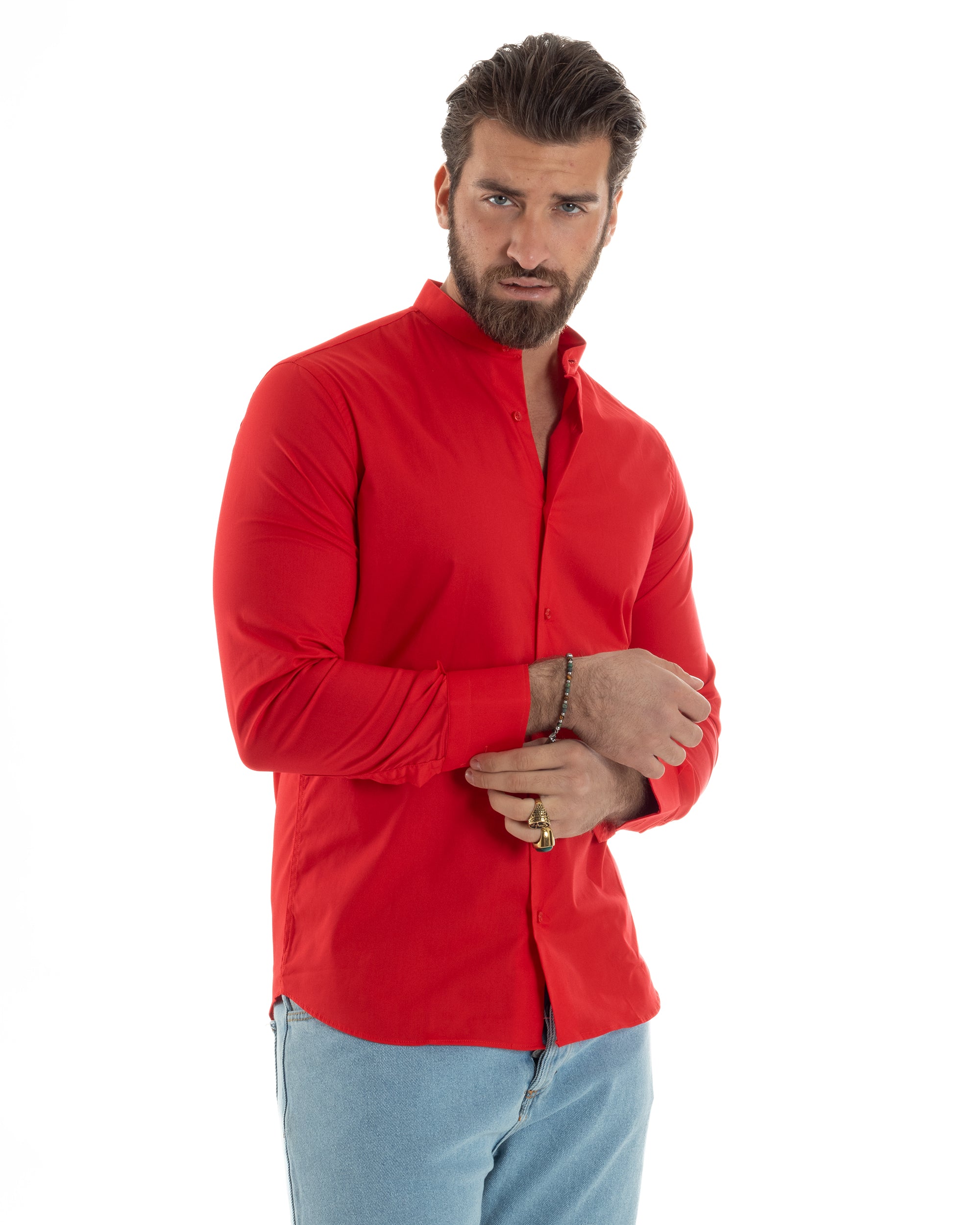 Camicia Uomo Collo Coreano Cotone Basic Sartoriale Slim Fit Tinta Unita Rosso GIOSAL-C2929A