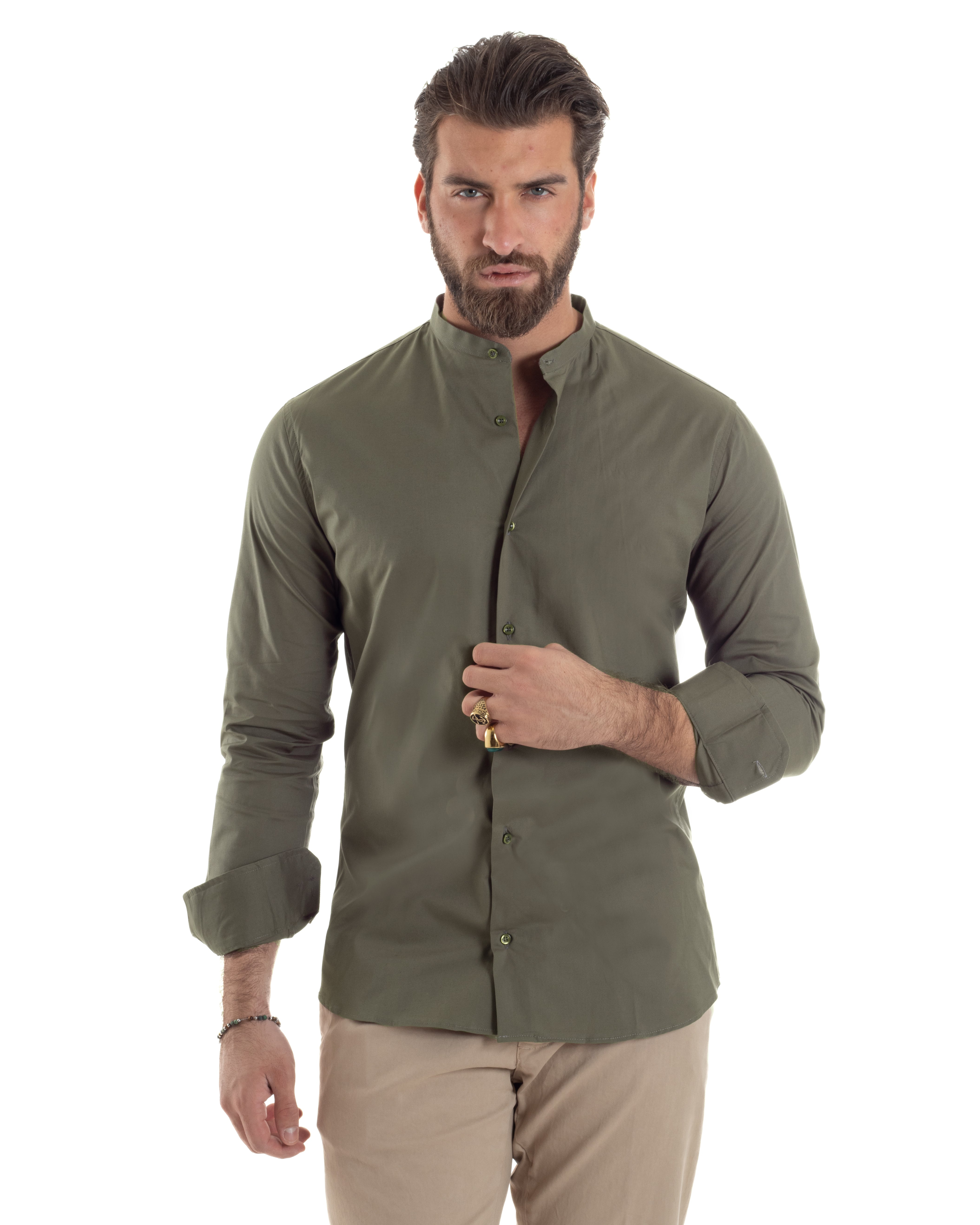 Camicia Uomo Collo Coreano Cotone Basic Sartoriale Slim Fit Tinta Unita Verde Militare GIOSAL-C2930A