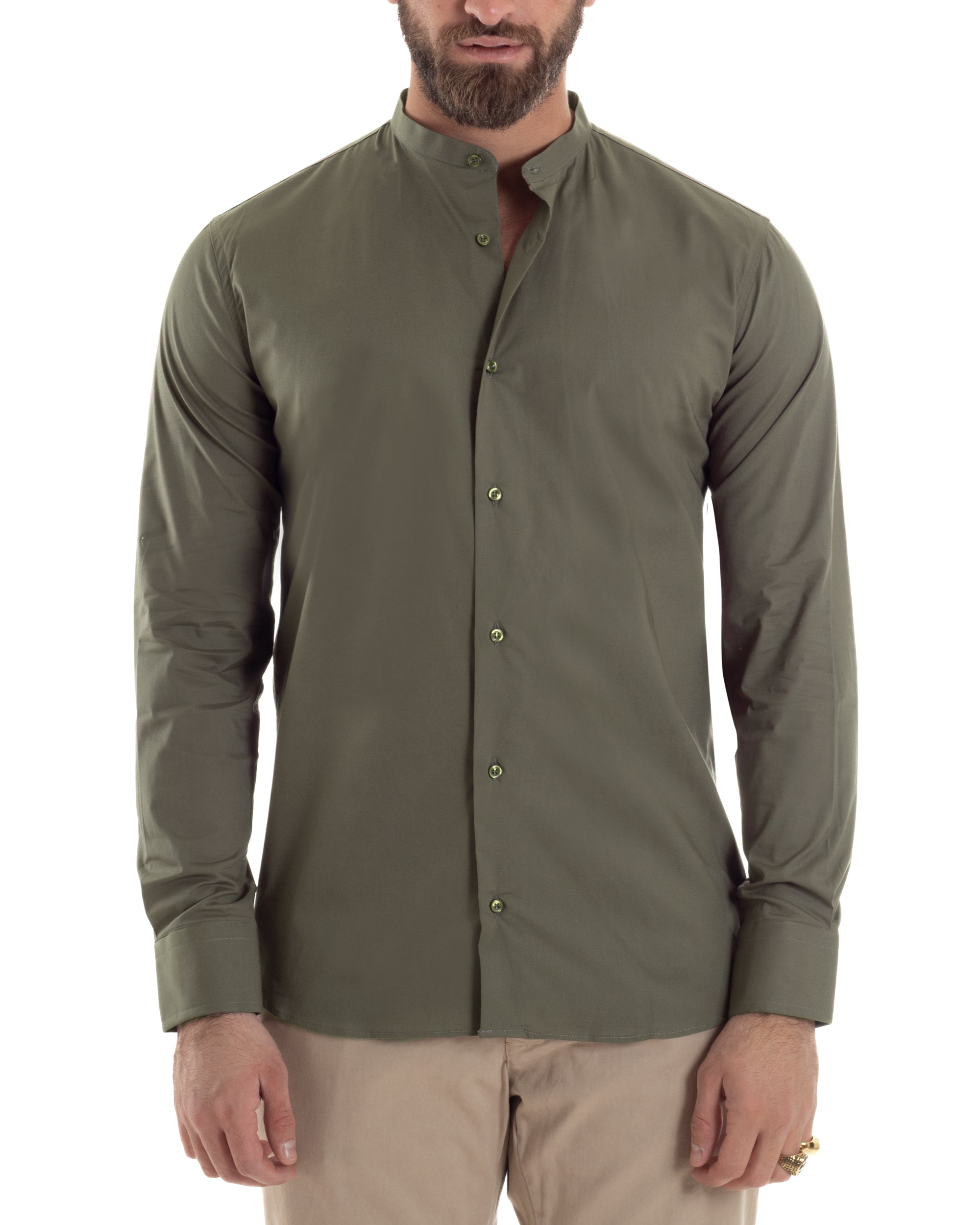 Camicia Uomo Collo Coreano Cotone Basic Sartoriale Slim Fit Tinta Unita Verde Militare GIOSAL-C2930A