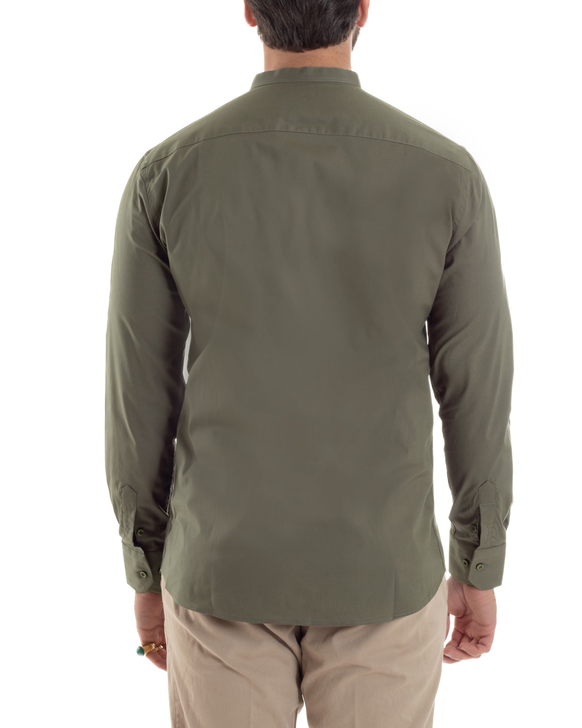 Camicia Uomo Collo Coreano Cotone Basic Sartoriale Slim Fit Tinta Unita Verde Militare GIOSAL-C2930A