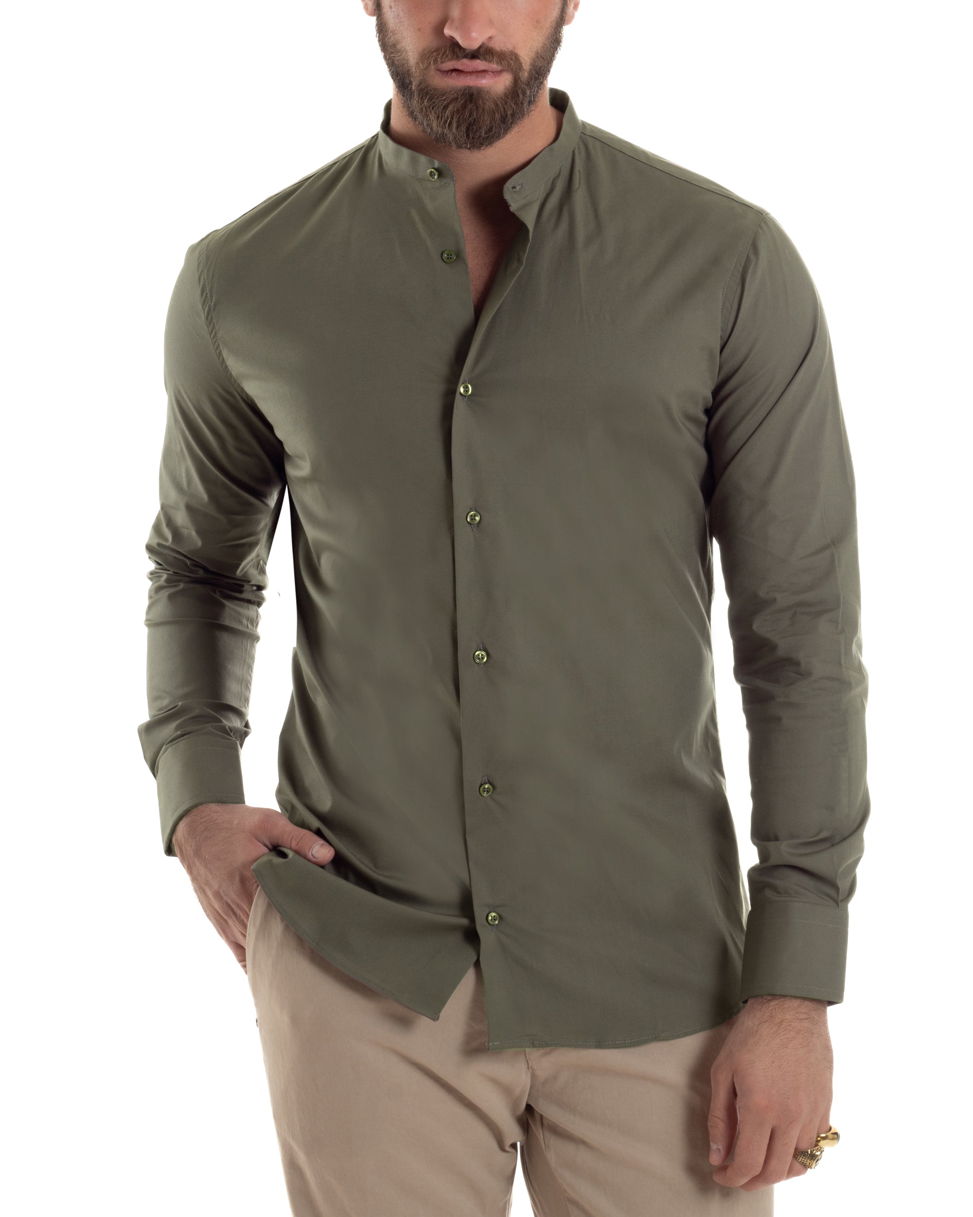 Camicia Uomo Collo Coreano Cotone Basic Sartoriale Slim Fit Tinta Unita Verde Militare GIOSAL-C2930A