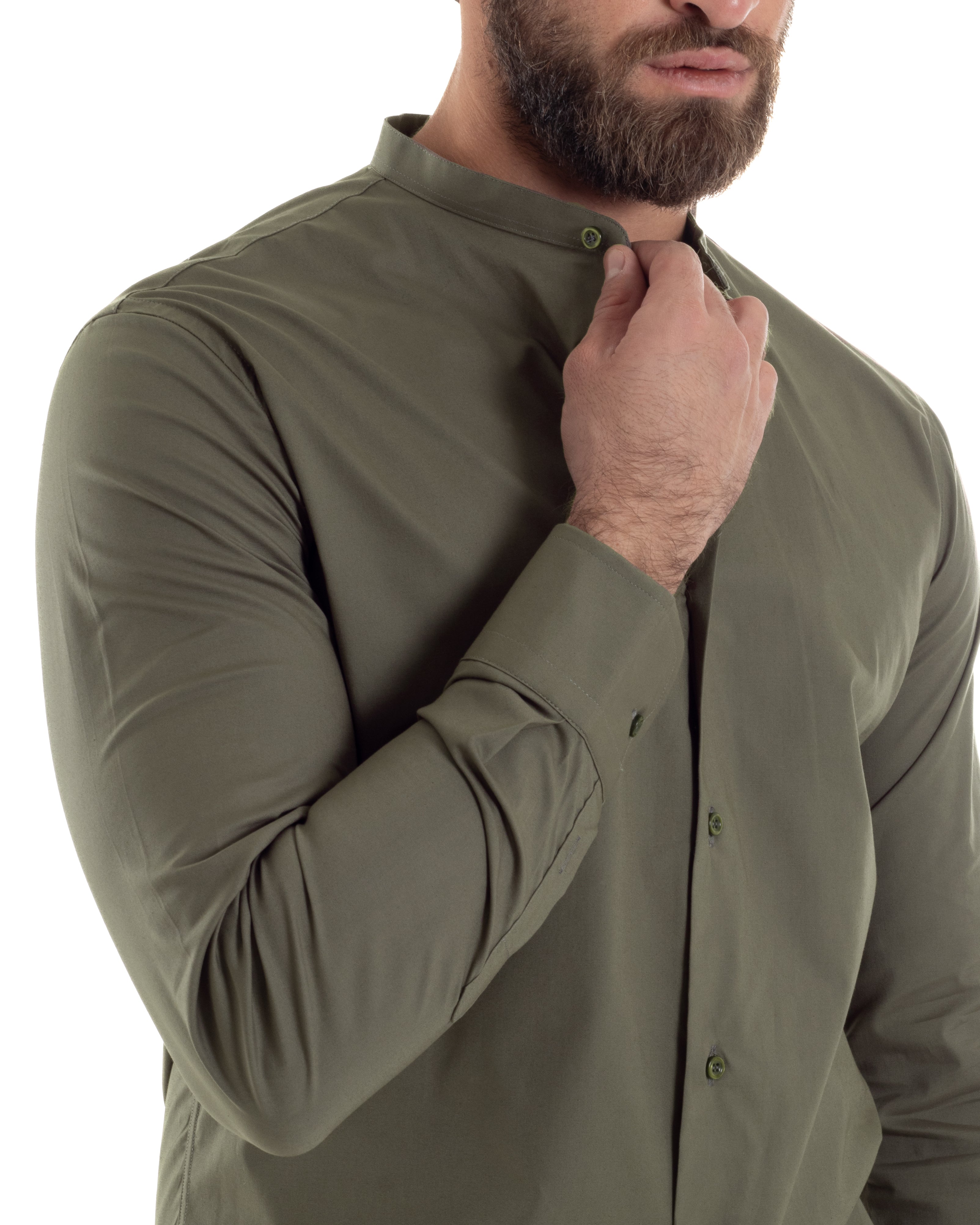 Camicia Uomo Collo Coreano Cotone Basic Sartoriale Slim Fit Tinta Unita Verde Militare GIOSAL-C2930A