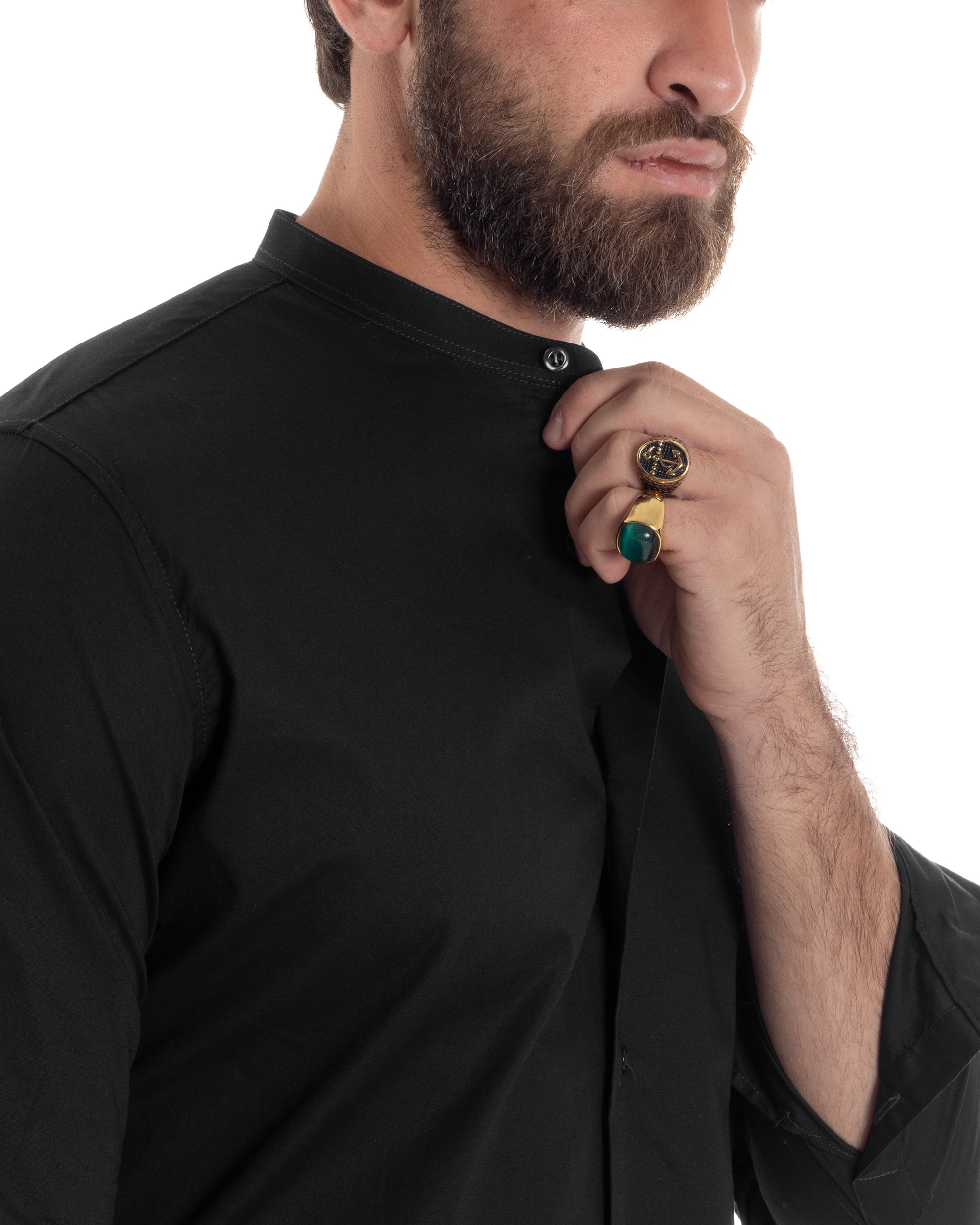 Camicia Uomo Collo Coreano Cotone Basic Sartoriale Slim Fit Tinta Unita Nero GIOSAL-C2931A