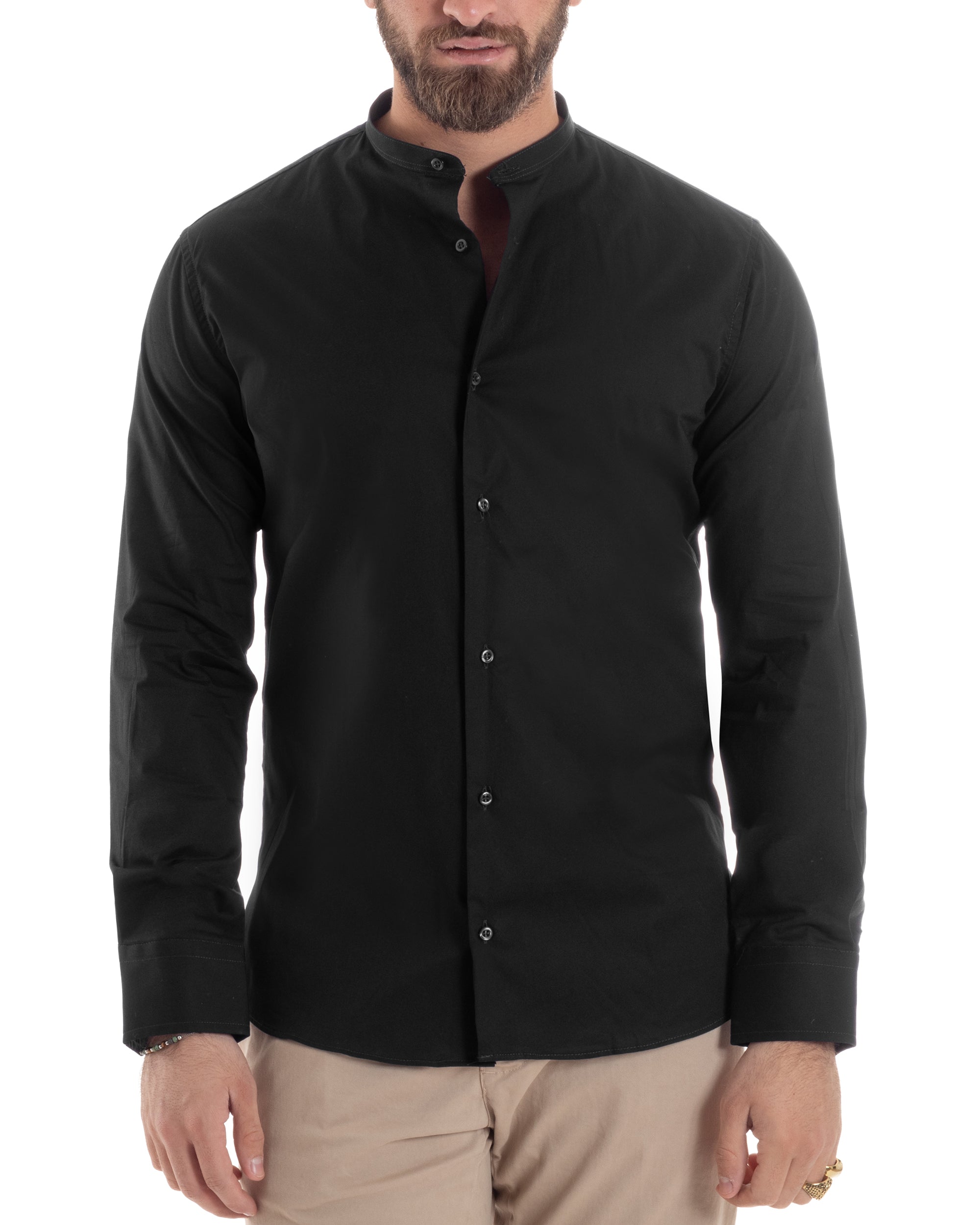 Camicia Uomo Collo Coreano Cotone Basic Sartoriale Slim Fit Tinta Unita Nero GIOSAL-C2931A