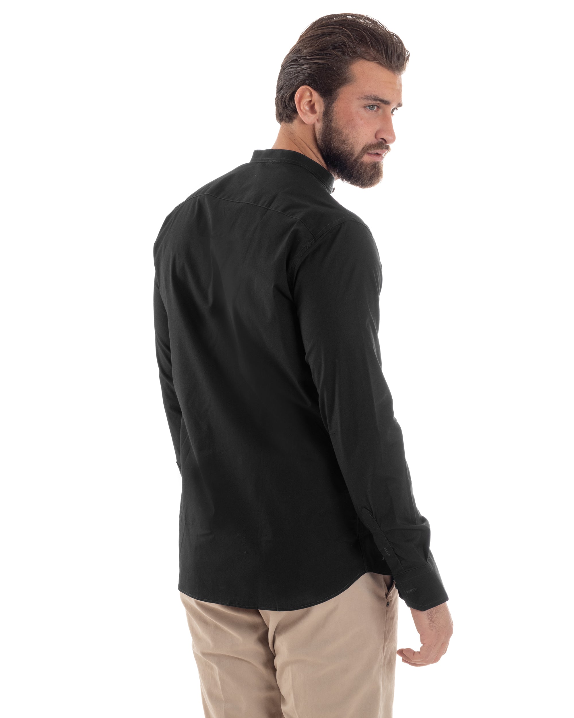 Camicia Uomo Collo Coreano Cotone Basic Sartoriale Slim Fit Tinta Unita Nero GIOSAL-C2931A