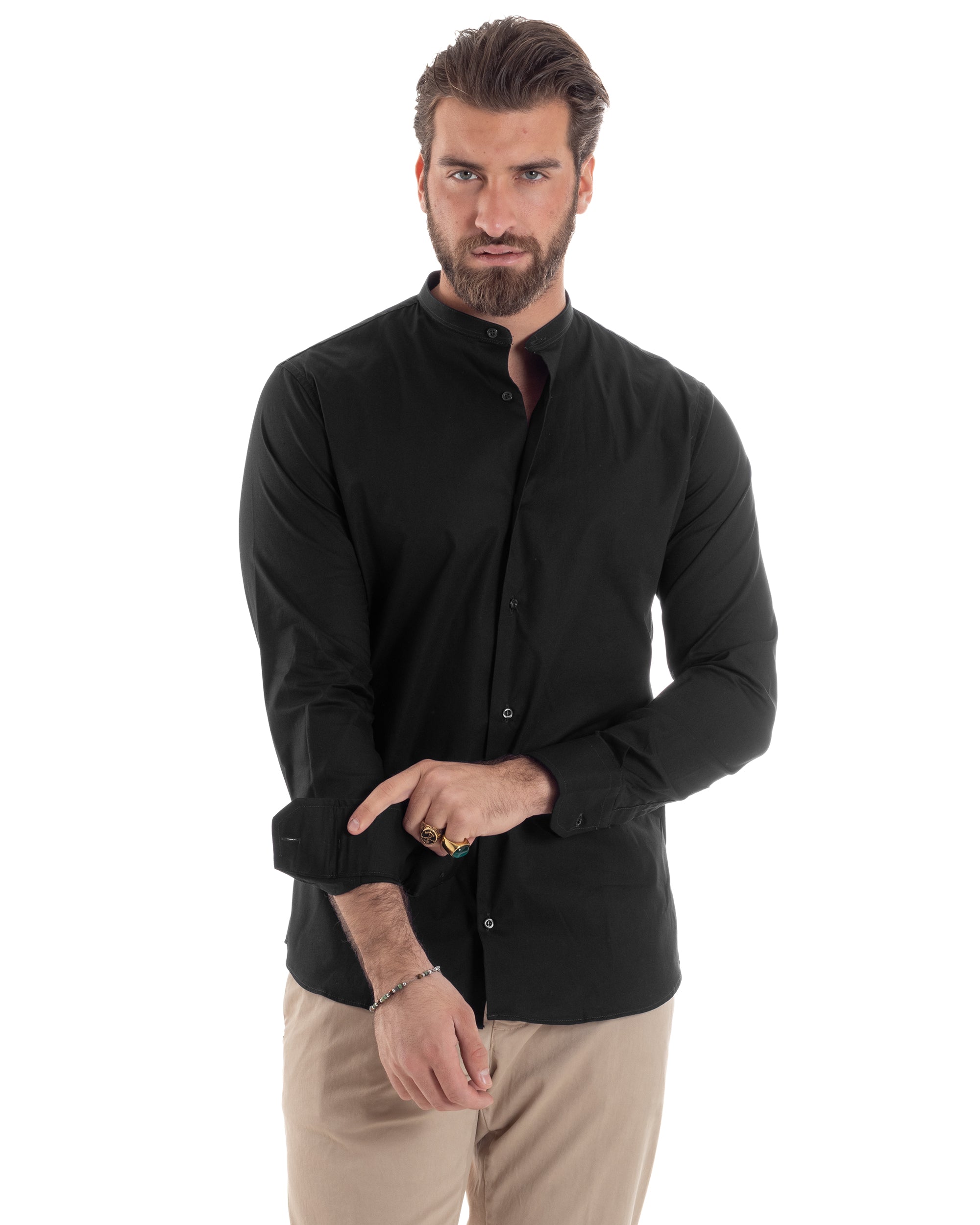 Camicia Uomo Collo Coreano Cotone Basic Sartoriale Slim Fit Tinta Unita Nero GIOSAL-C2931A