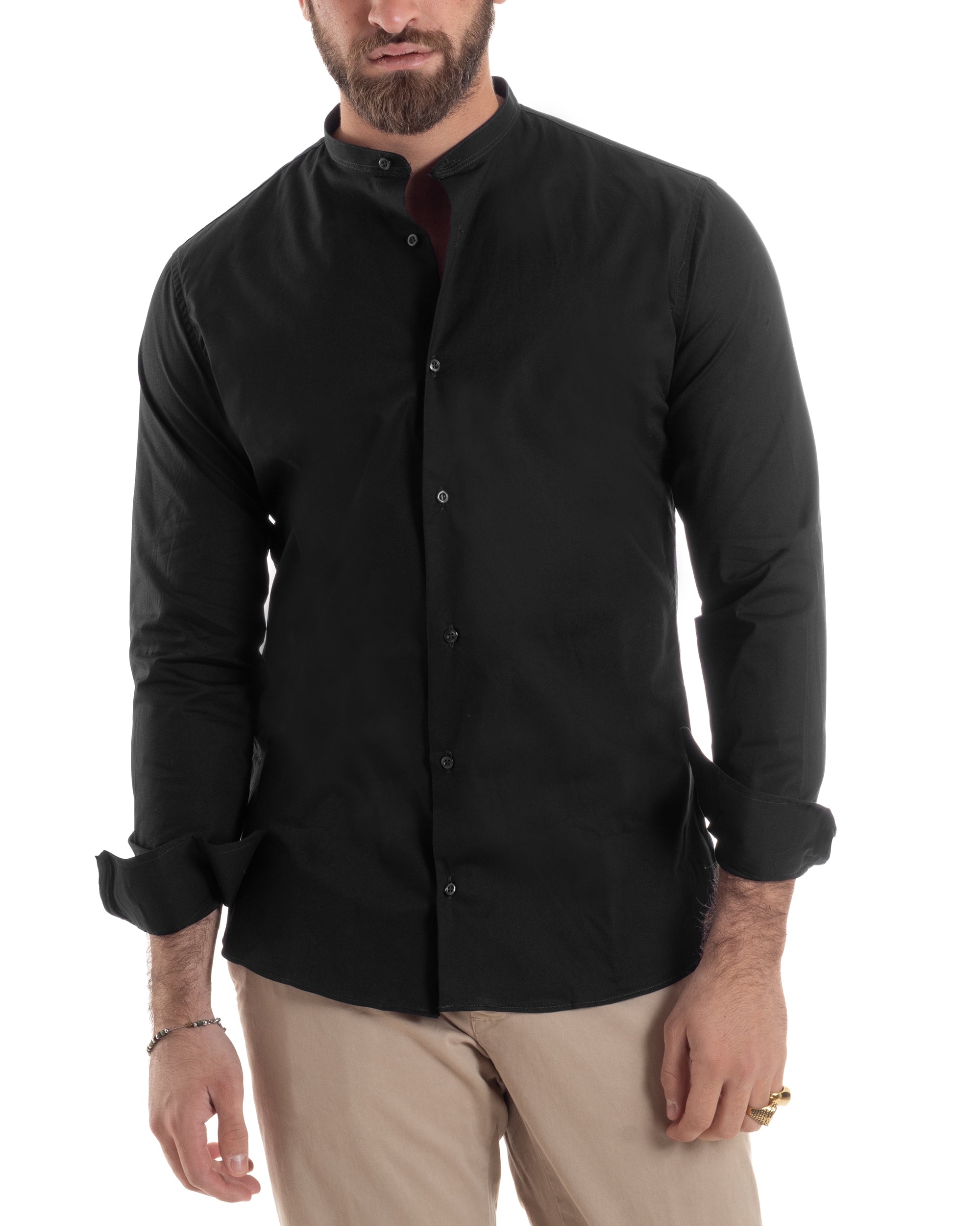 Camicia Uomo Collo Coreano Cotone Basic Sartoriale Slim Fit Tinta Unita Nero GIOSAL-C2931A