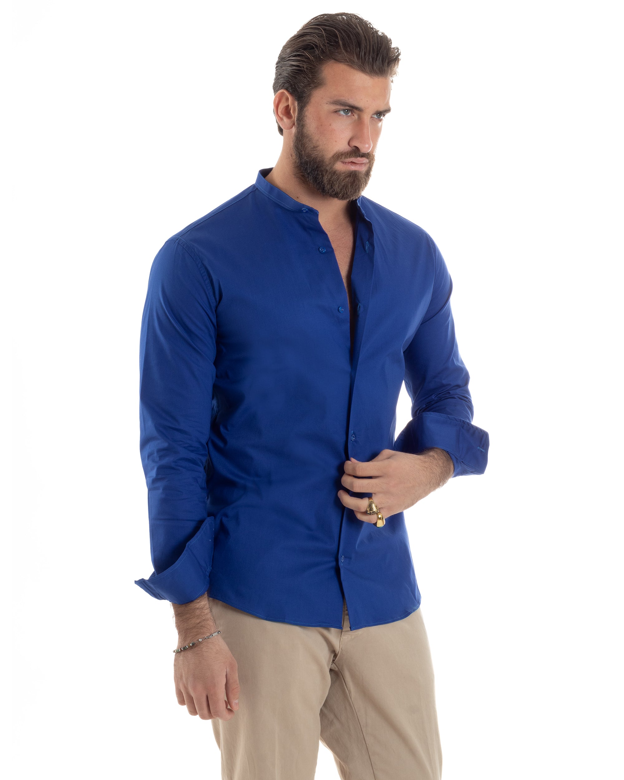 Camicia Uomo Collo Coreano Cotone Basic Sartoriale Slim Fit Tinta Unita Blu Royal GIOSAL-C2932A