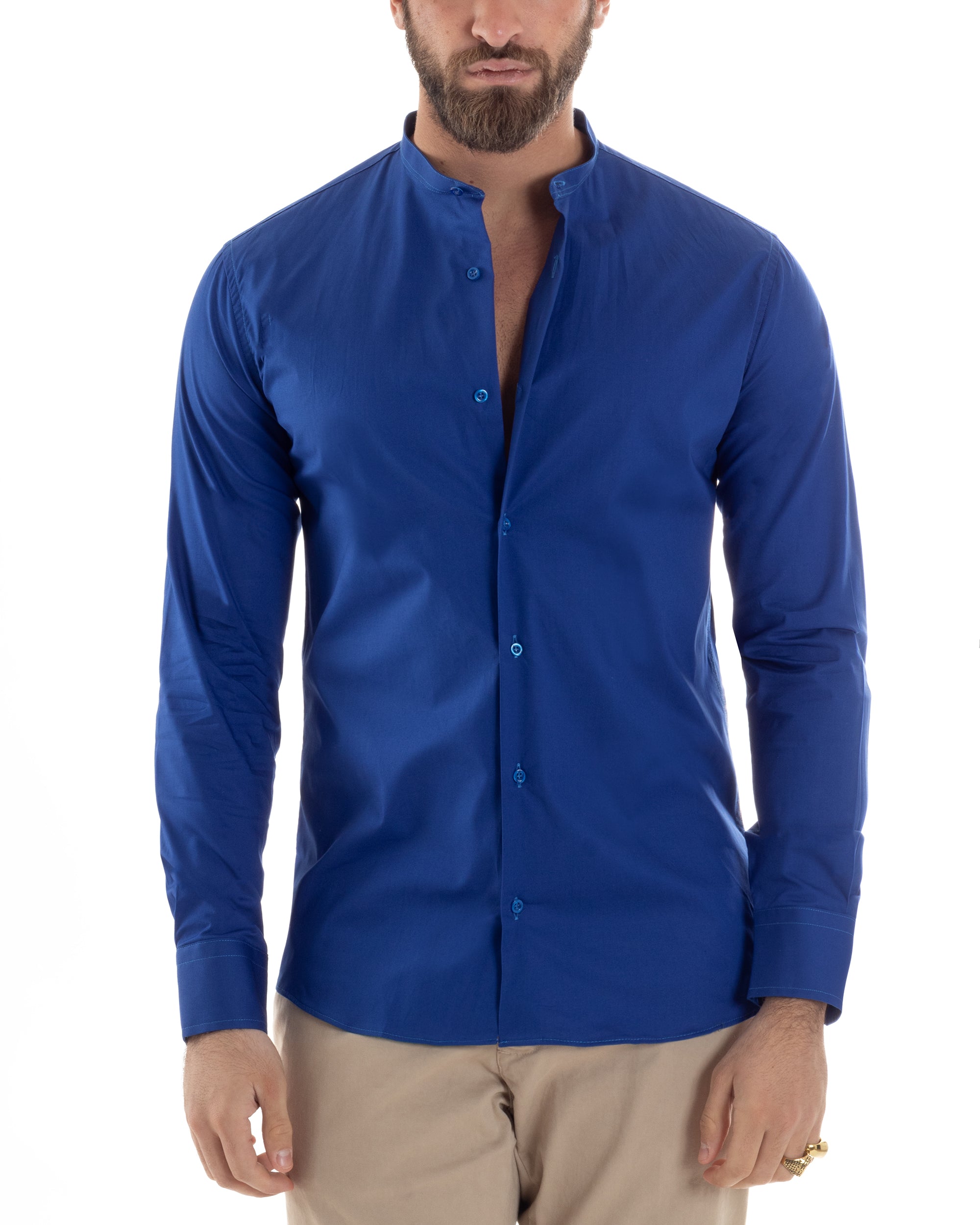 Camicia Uomo Collo Coreano Cotone Basic Sartoriale Slim Fit Tinta Unita Blu Royal GIOSAL-C2932A
