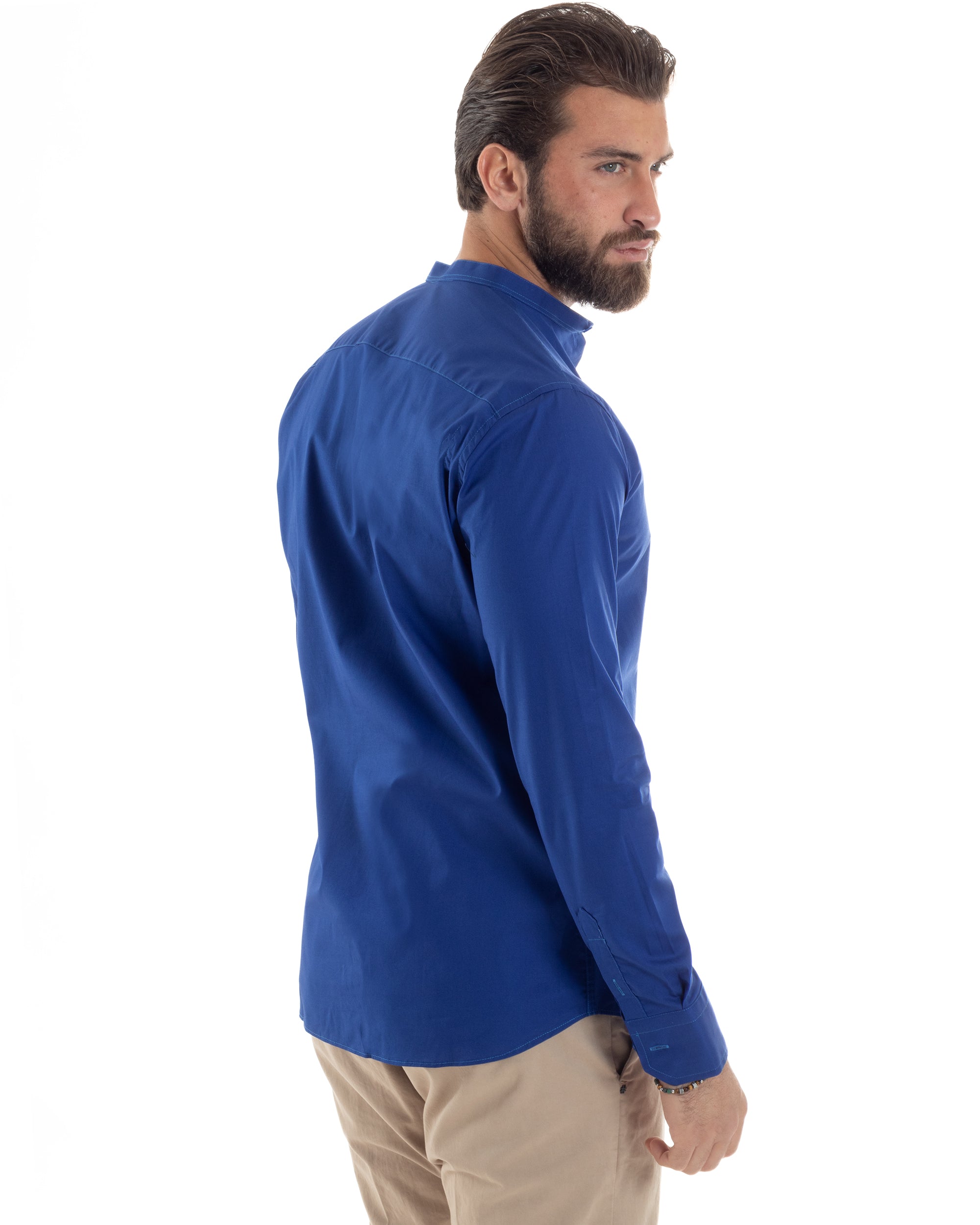 Camicia Uomo Collo Coreano Cotone Basic Sartoriale Slim Fit Tinta Unita Blu Royal GIOSAL-C2932A
