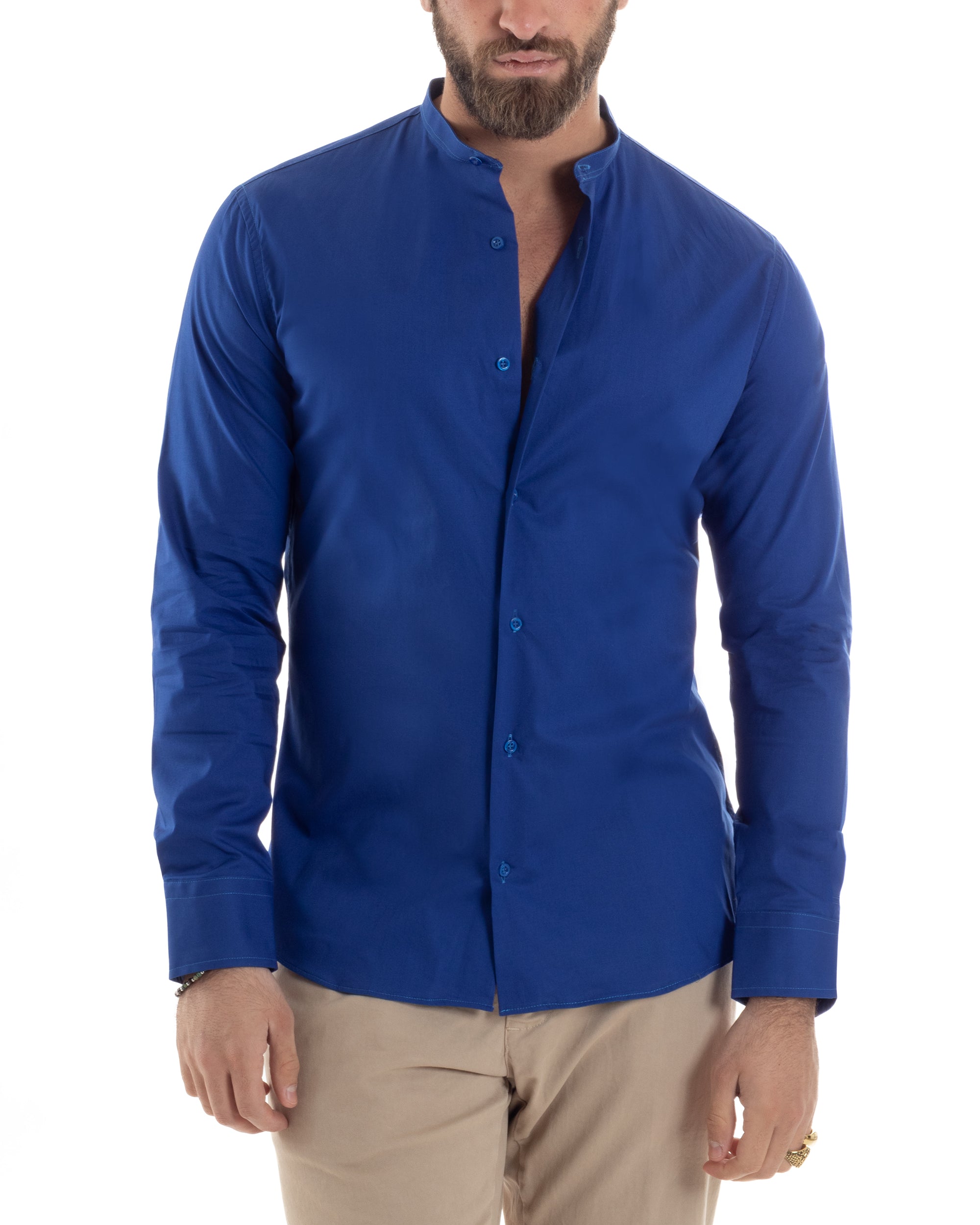 Camicia Uomo Collo Coreano Cotone Basic Sartoriale Slim Fit Tinta Unita Blu Royal GIOSAL-C2932A