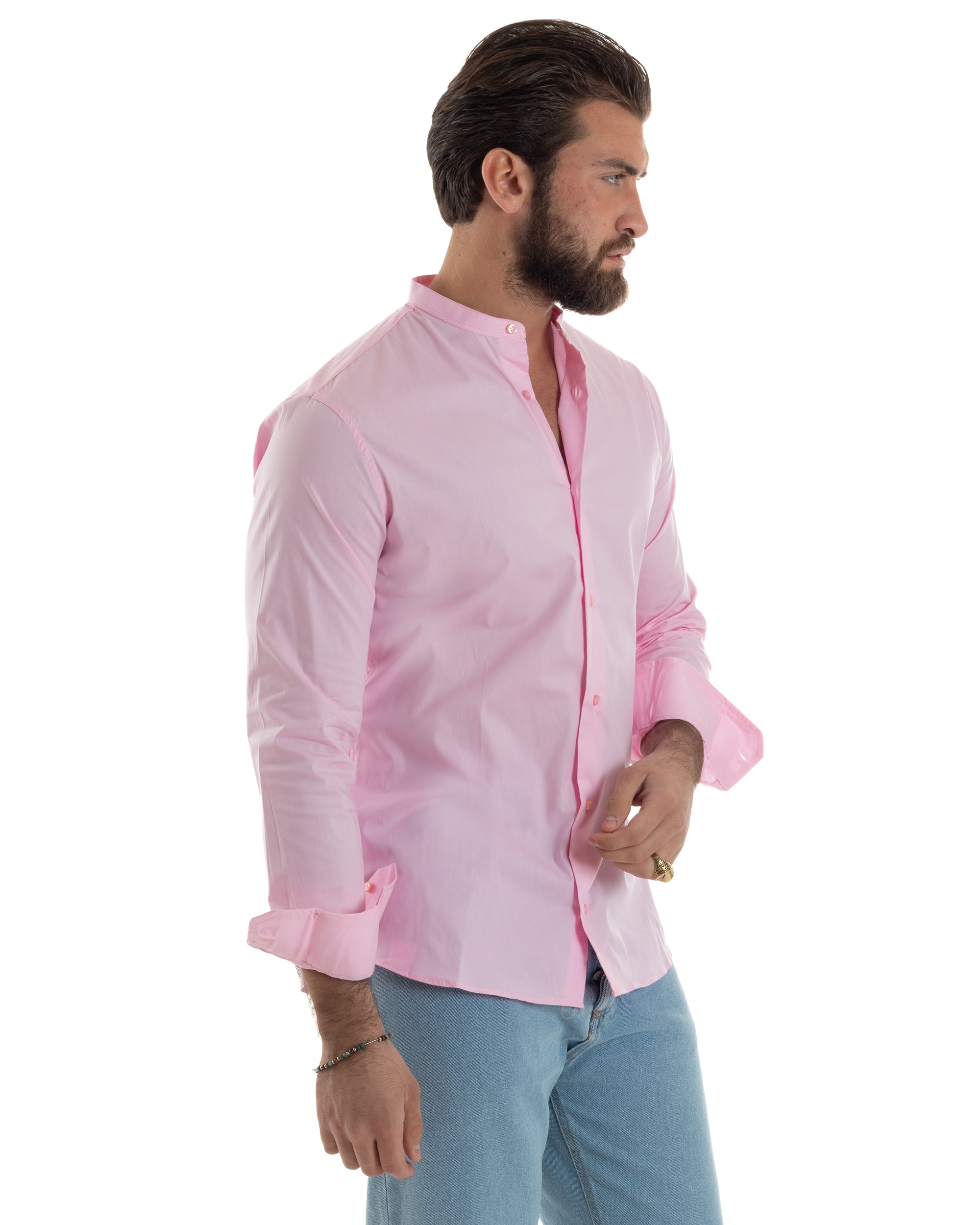 Camicia Uomo Collo Coreano Cotone Basic Sartoriale Slim Fit Tinta Unita Rosa GIOSAL-C2933A