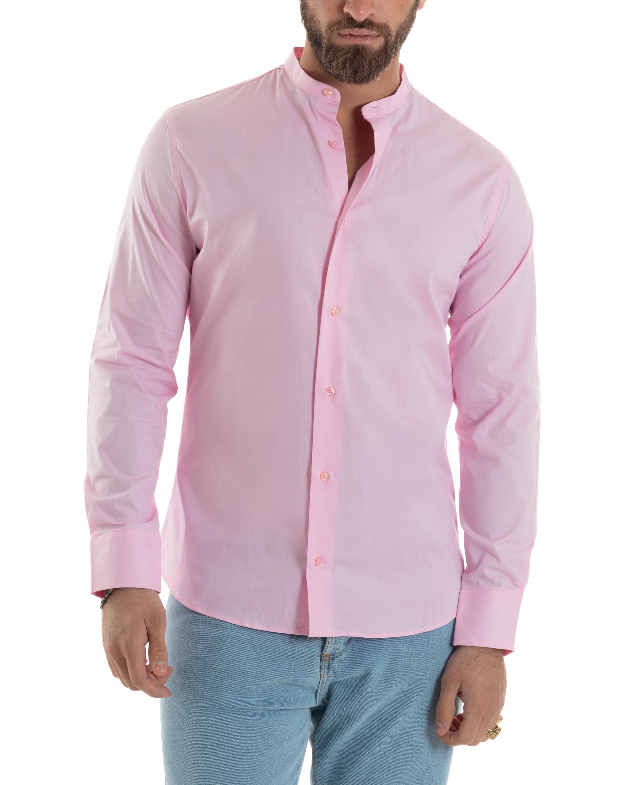 Camicia Uomo Collo Coreano Cotone Basic Sartoriale Slim Fit Tinta Unita Rosa GIOSAL-C2933A