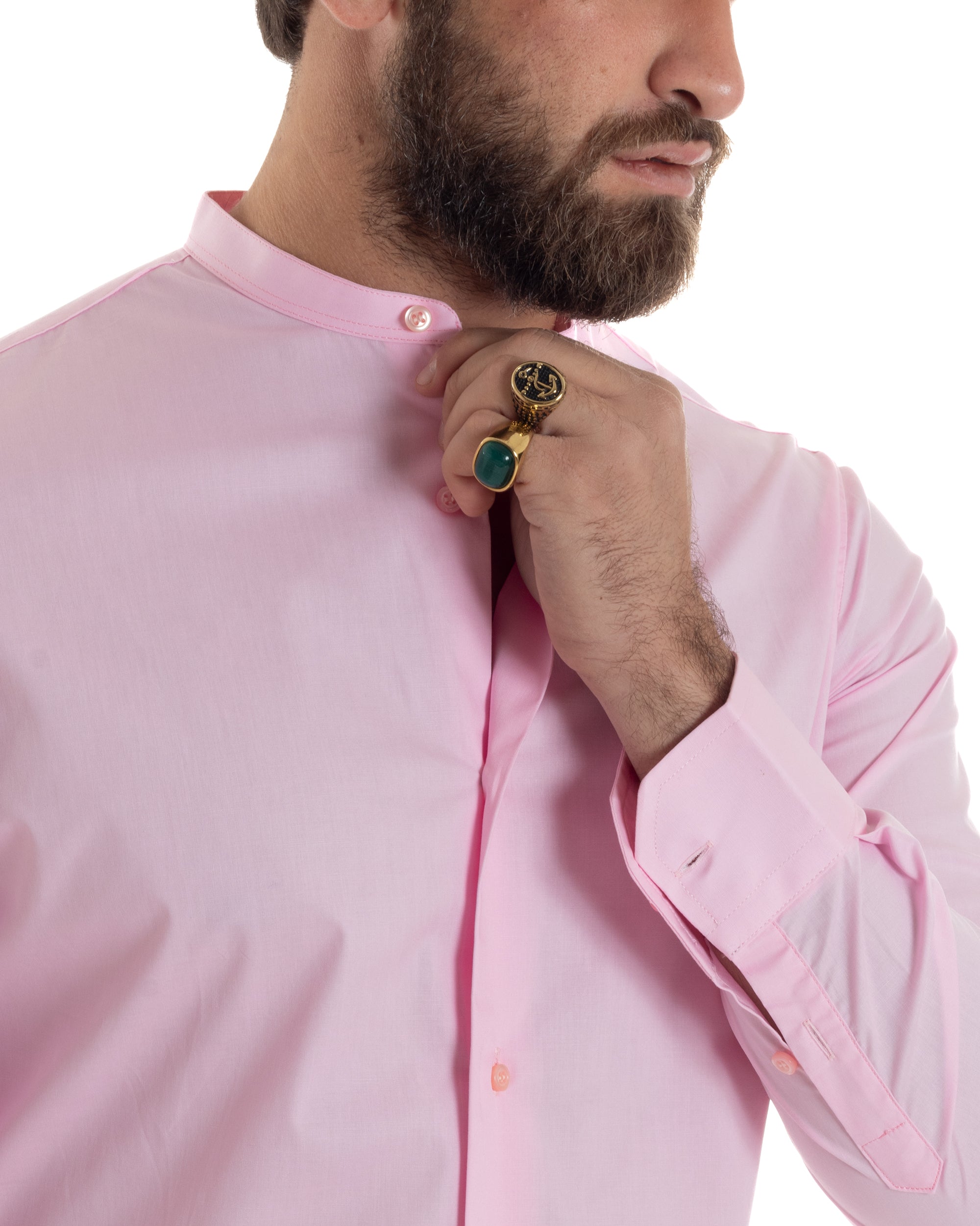 Camicia Uomo Collo Coreano Cotone Basic Sartoriale Slim Fit Tinta Unita Rosa GIOSAL-C2933A