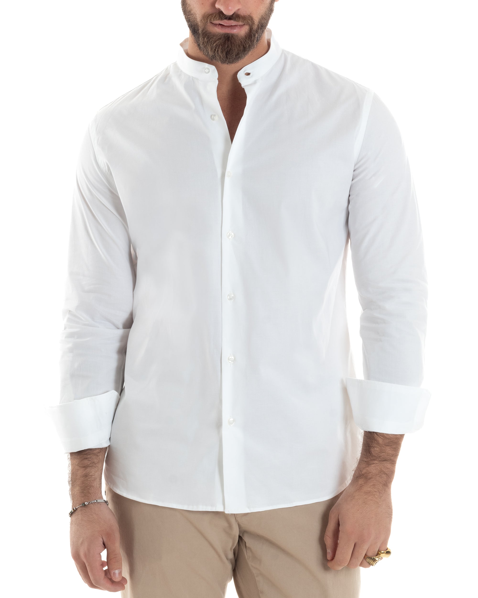 Camicia Uomo Collo Coreano Cotone Basic Sartoriale Slim Fit Tinta Unita Bianco GIOSAL-C2934A