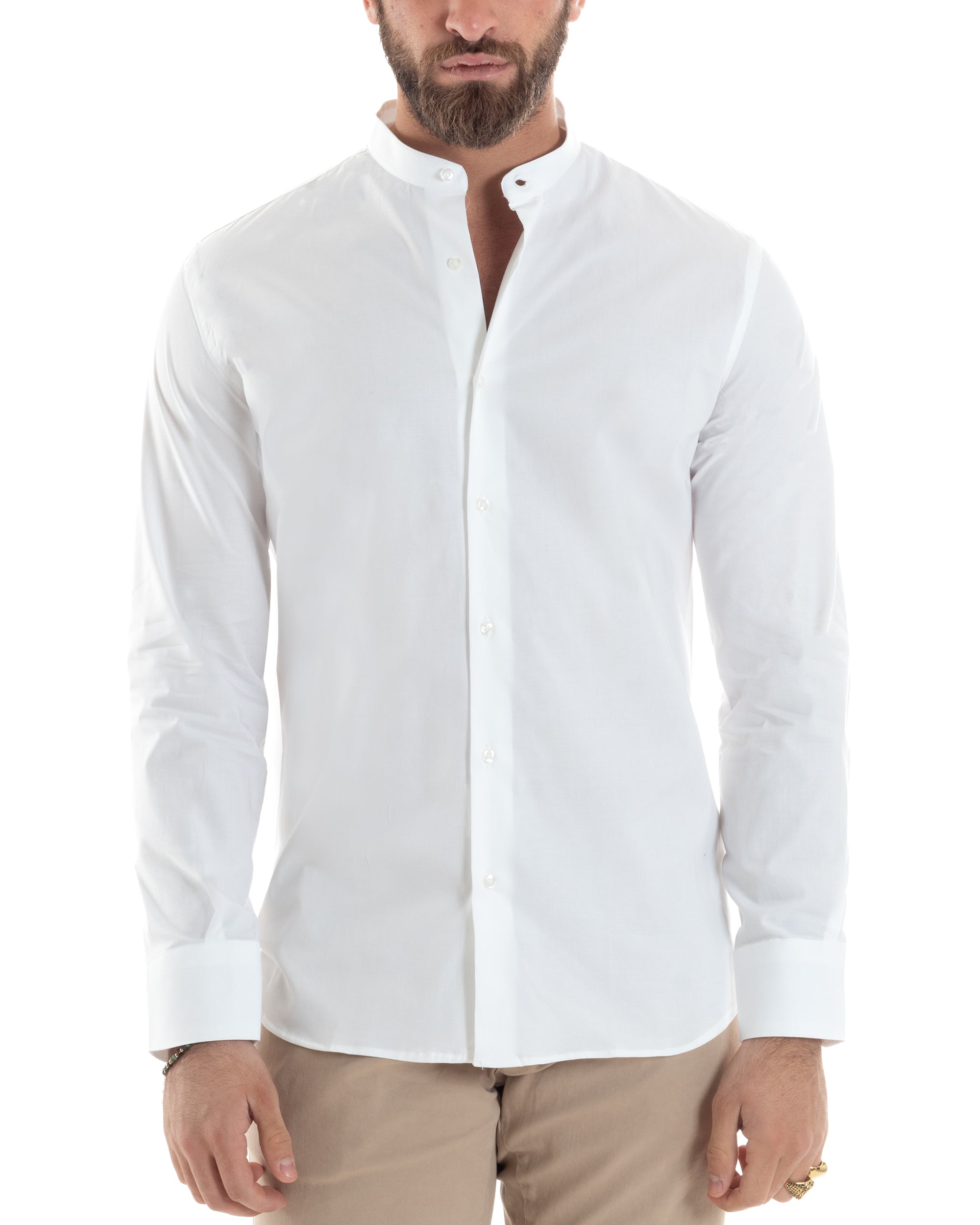 Camicia Uomo Collo Coreano Cotone Basic Sartoriale Slim Fit Tinta Unita Bianco GIOSAL-C2934A