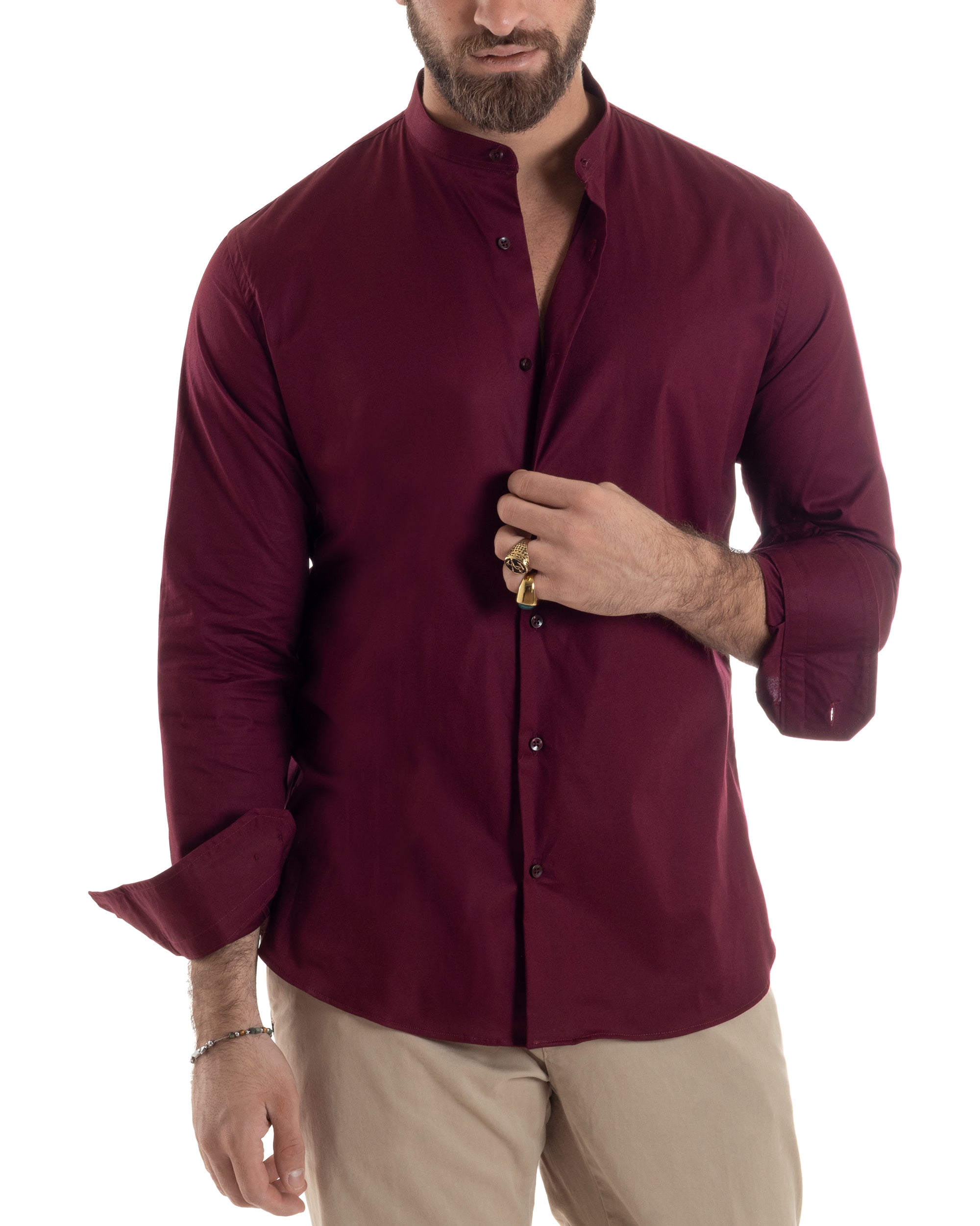 Camicia Uomo Collo Coreano Cotone Basic Sartoriale Slim Fit Tinta Unita Bordeaux GIOSAL-C2935A