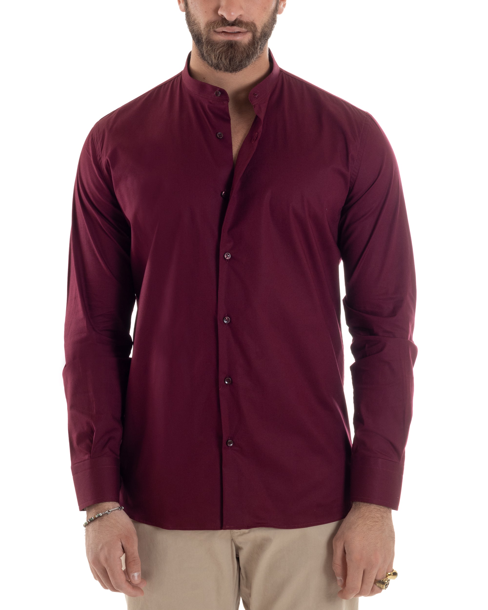 Camicia Uomo Collo Coreano Cotone Basic Sartoriale Slim Fit Tinta Unita Bordeaux GIOSAL-C2935A