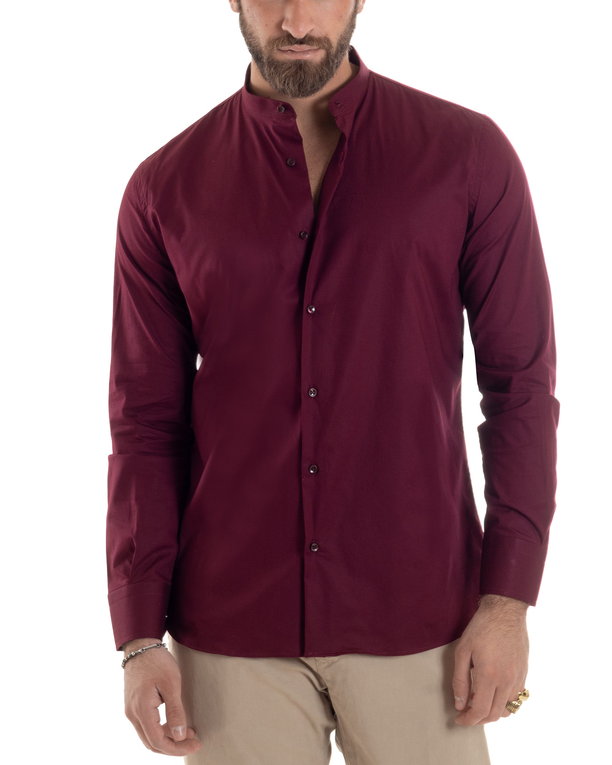 Camicia Uomo Collo Coreano Cotone Basic Sartoriale Slim Fit Tinta Unita Bordeaux GIOSAL-C2935A