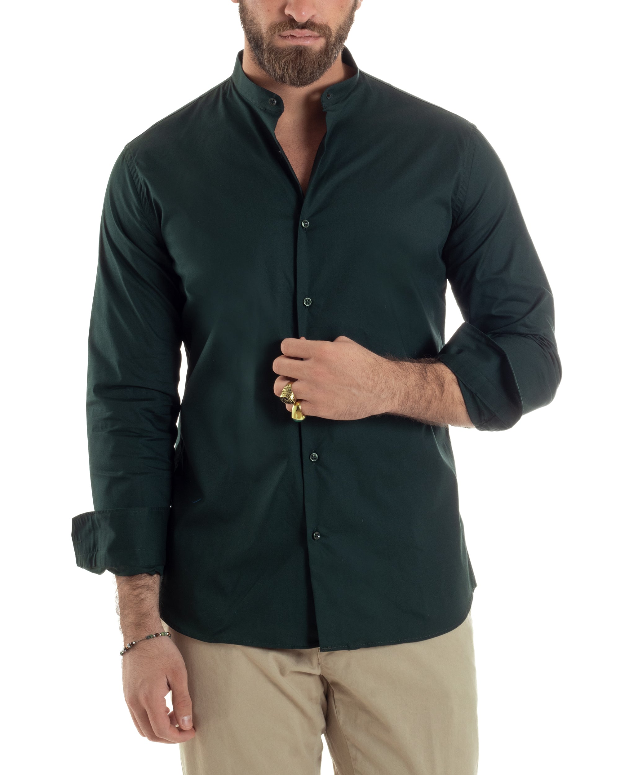 Camicia Uomo Collo Coreano Cotone Basic Sartoriale Slim Fit Tinta Unita Verde Bottiglia GIOSAL-C2936A