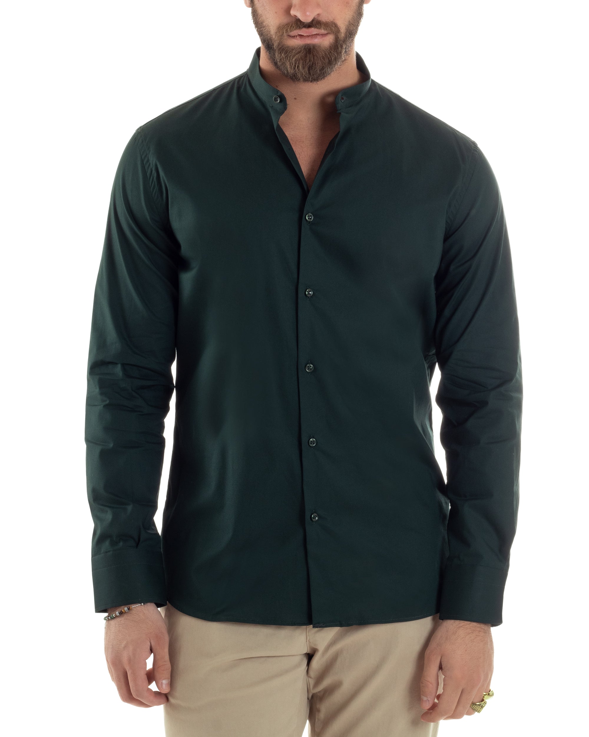 Camicia Uomo Collo Coreano Cotone Basic Sartoriale Slim Fit Tinta Unita Verde Bottiglia GIOSAL-C2936A