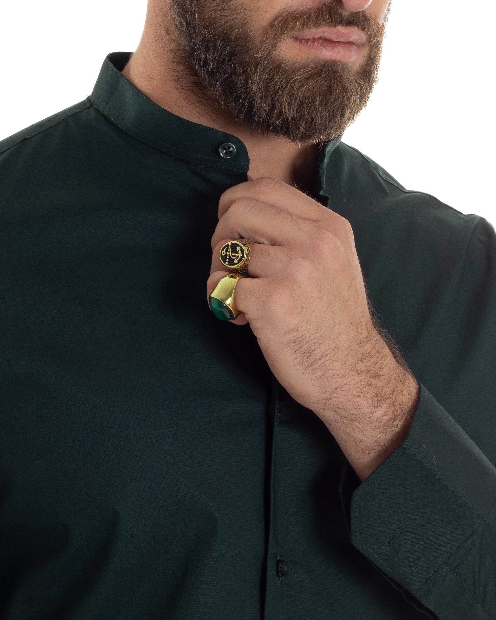 Camicia Uomo Collo Coreano Cotone Basic Sartoriale Slim Fit Tinta Unita Verde Bottiglia GIOSAL-C2936A