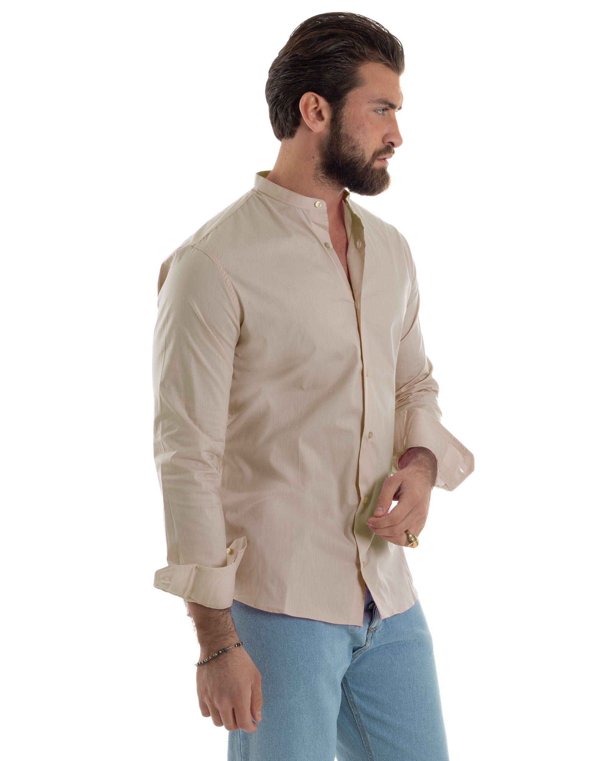 Camicia Uomo Collo Coreano Cotone Basic Sartoriale Slim Fit Tinta Unita Beige GIOSAL-C2937A