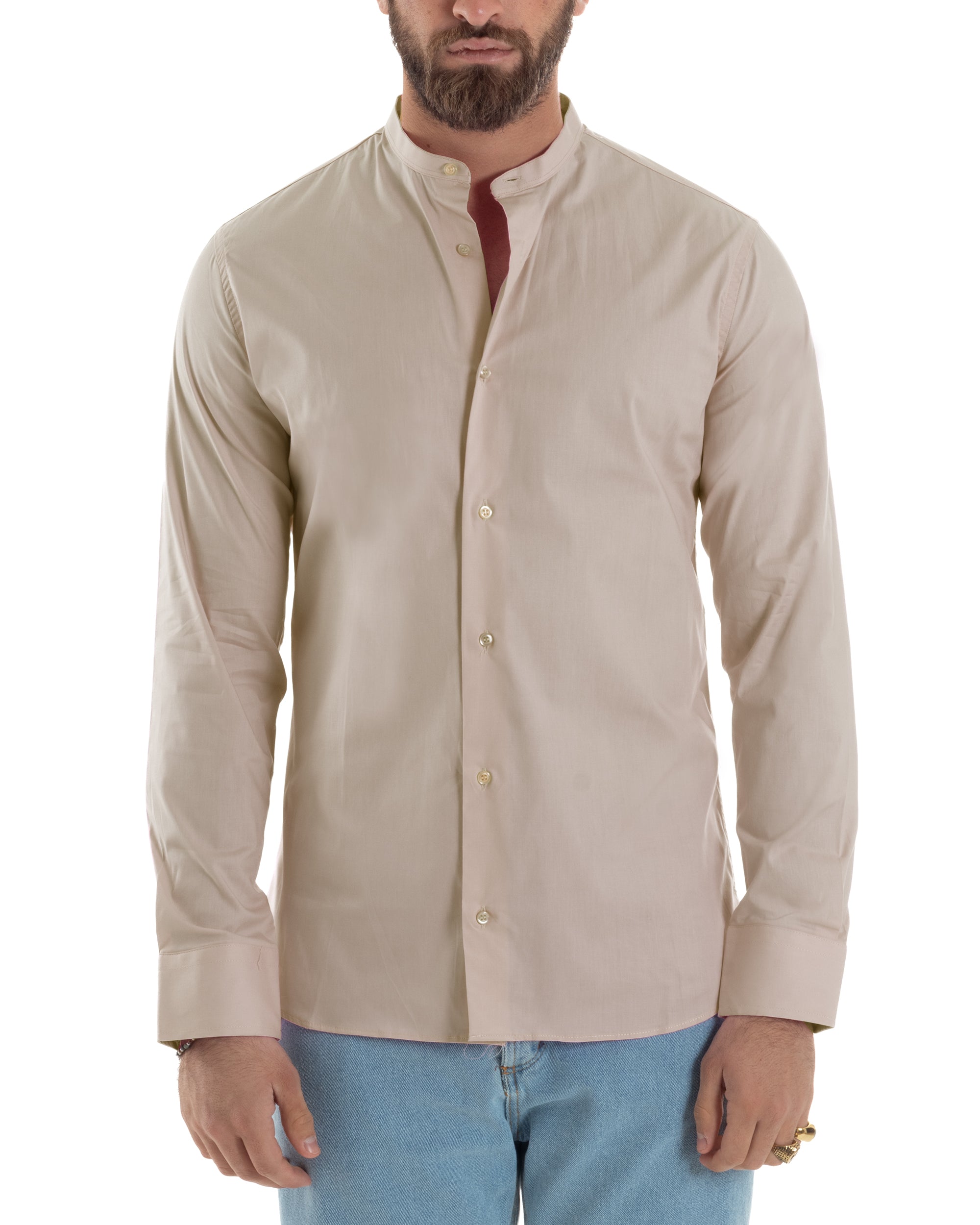 Camicia Uomo Collo Coreano Cotone Basic Sartoriale Slim Fit Tinta Unita Beige GIOSAL-C2937A