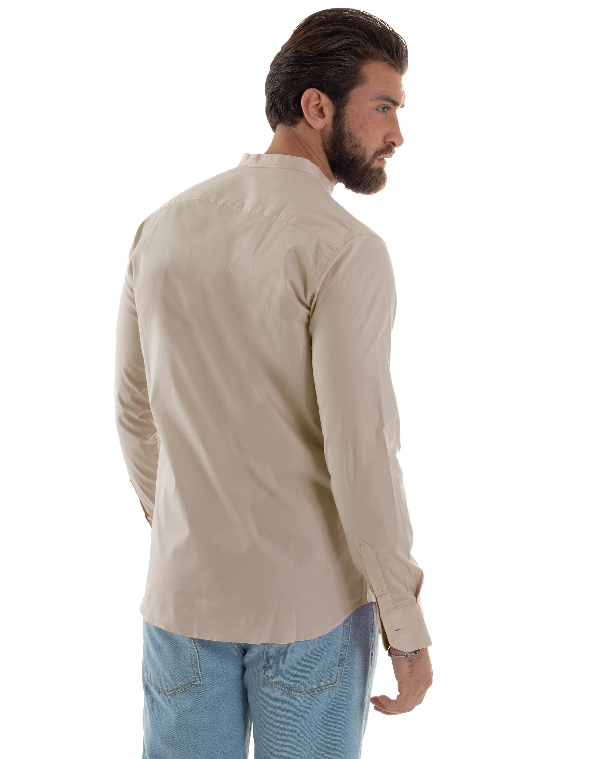 Camicia Uomo Collo Coreano Cotone Basic Sartoriale Slim Fit Tinta Unita Beige GIOSAL-C2937A