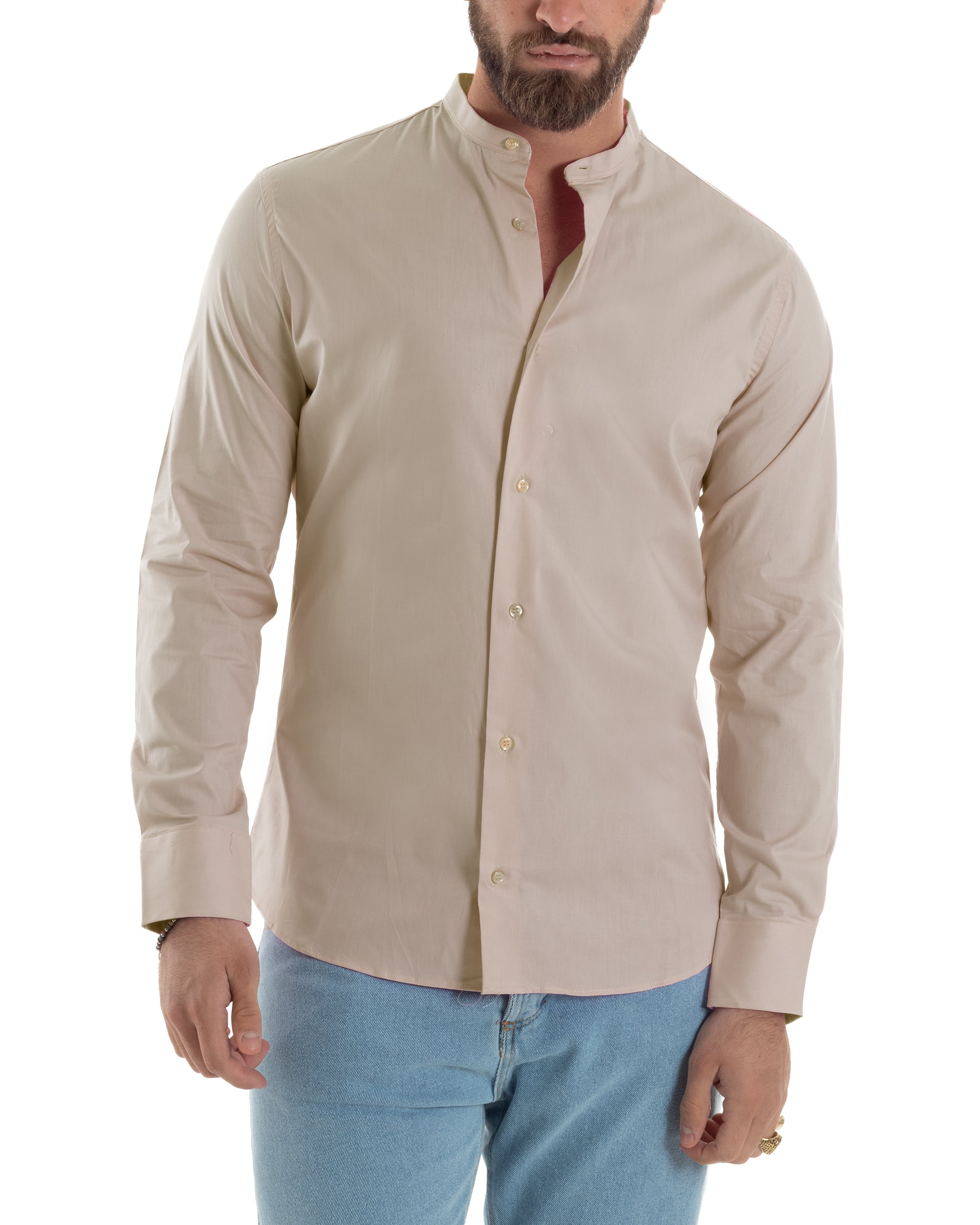 Camicia Uomo Collo Coreano Cotone Basic Sartoriale Slim Fit Tinta Unita Beige GIOSAL-C2937A