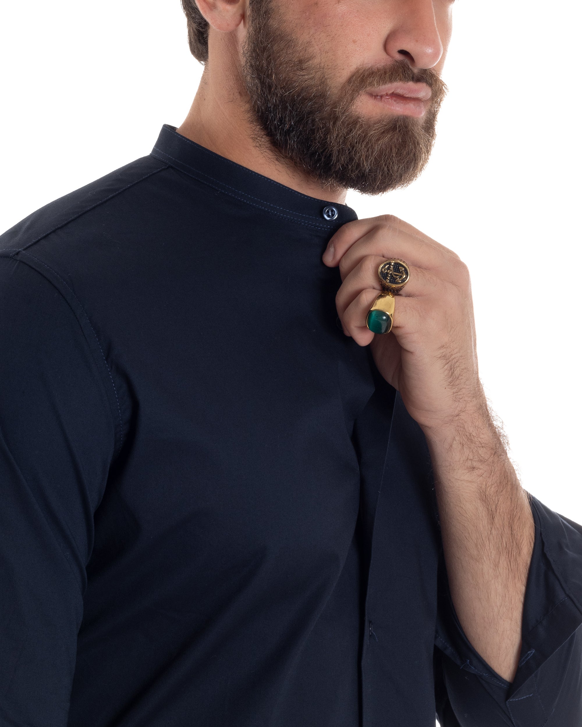 Camicia Uomo Collo Coreano Cotone Basic Sartoriale Slim Fit Tinta Unita Blu GIOSAL-C2938A